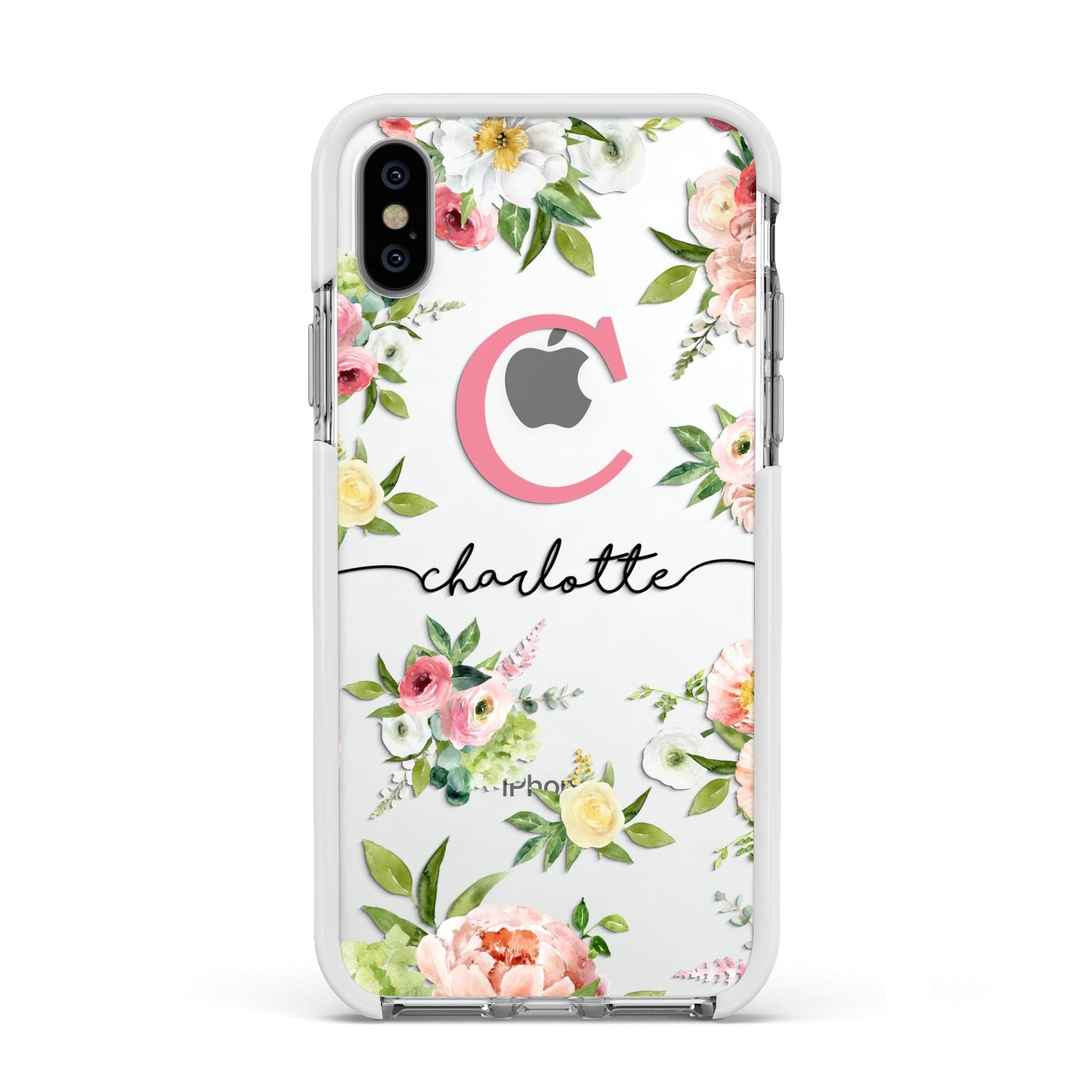 Personalised Floral Apple iPhone Xs Impact Case White Edge on Silver Phone