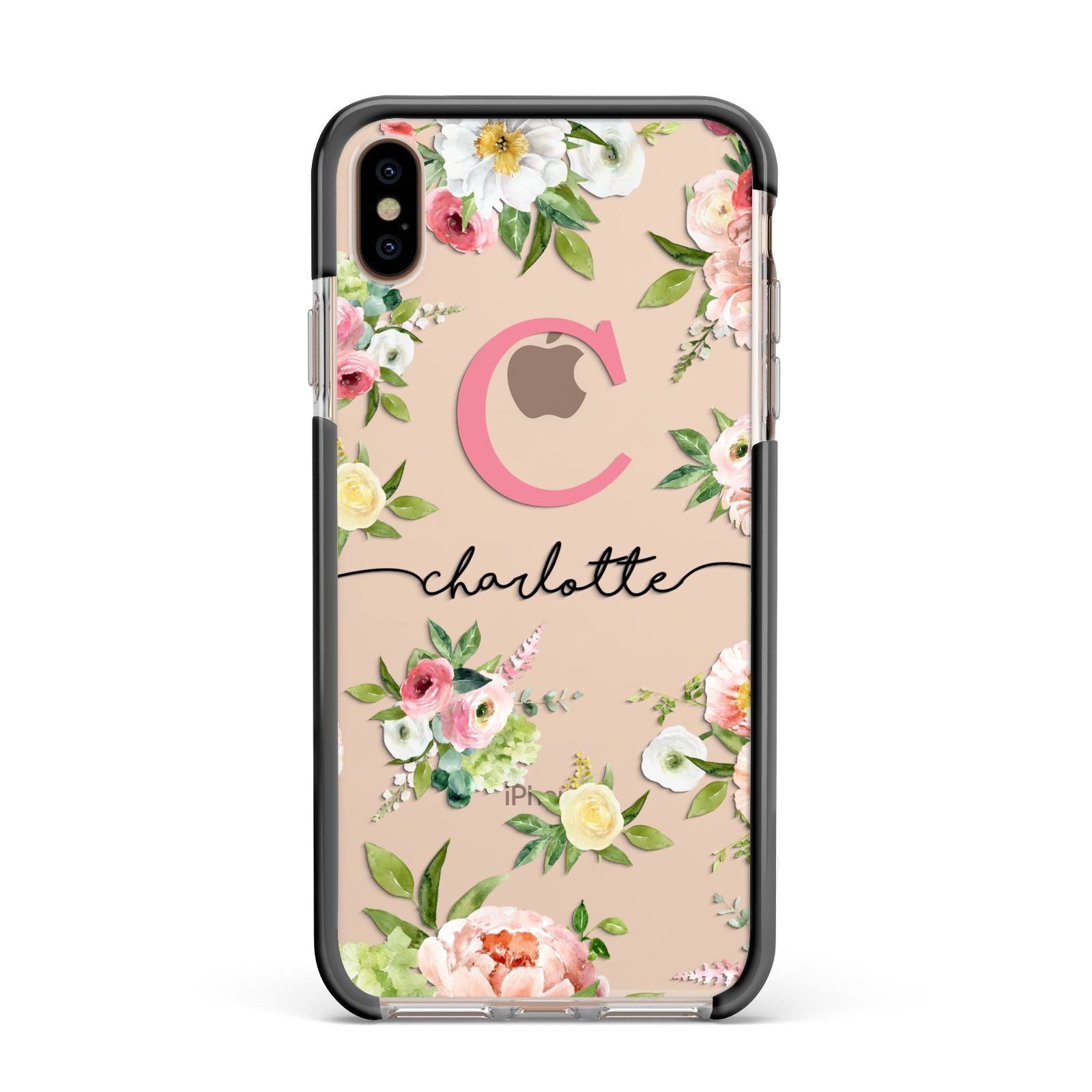 Personalised Floral Apple iPhone Xs Max Impact Case Black Edge on Gold Phone