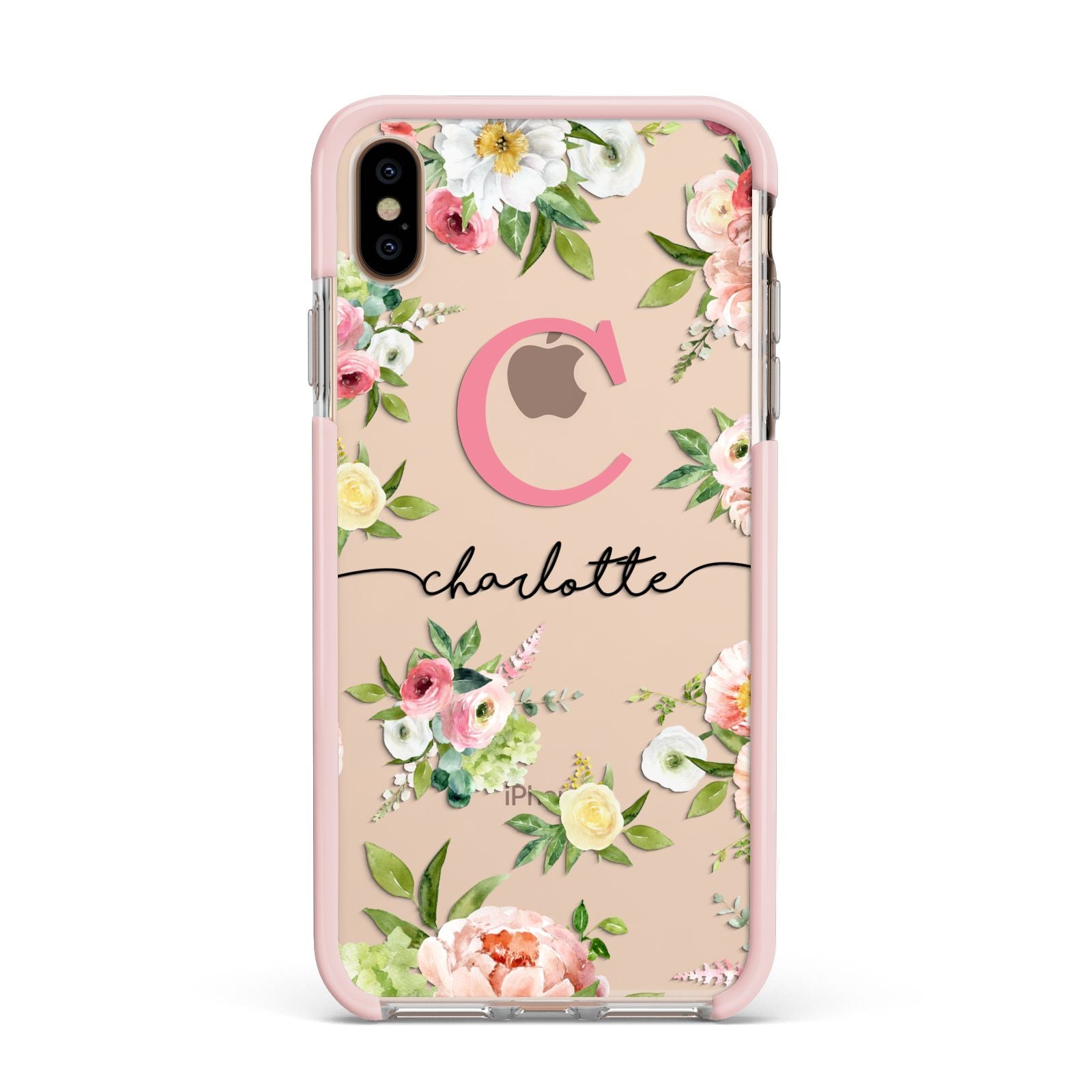 Personalised Floral Apple iPhone Xs Max Impact Case Pink Edge on Gold Phone