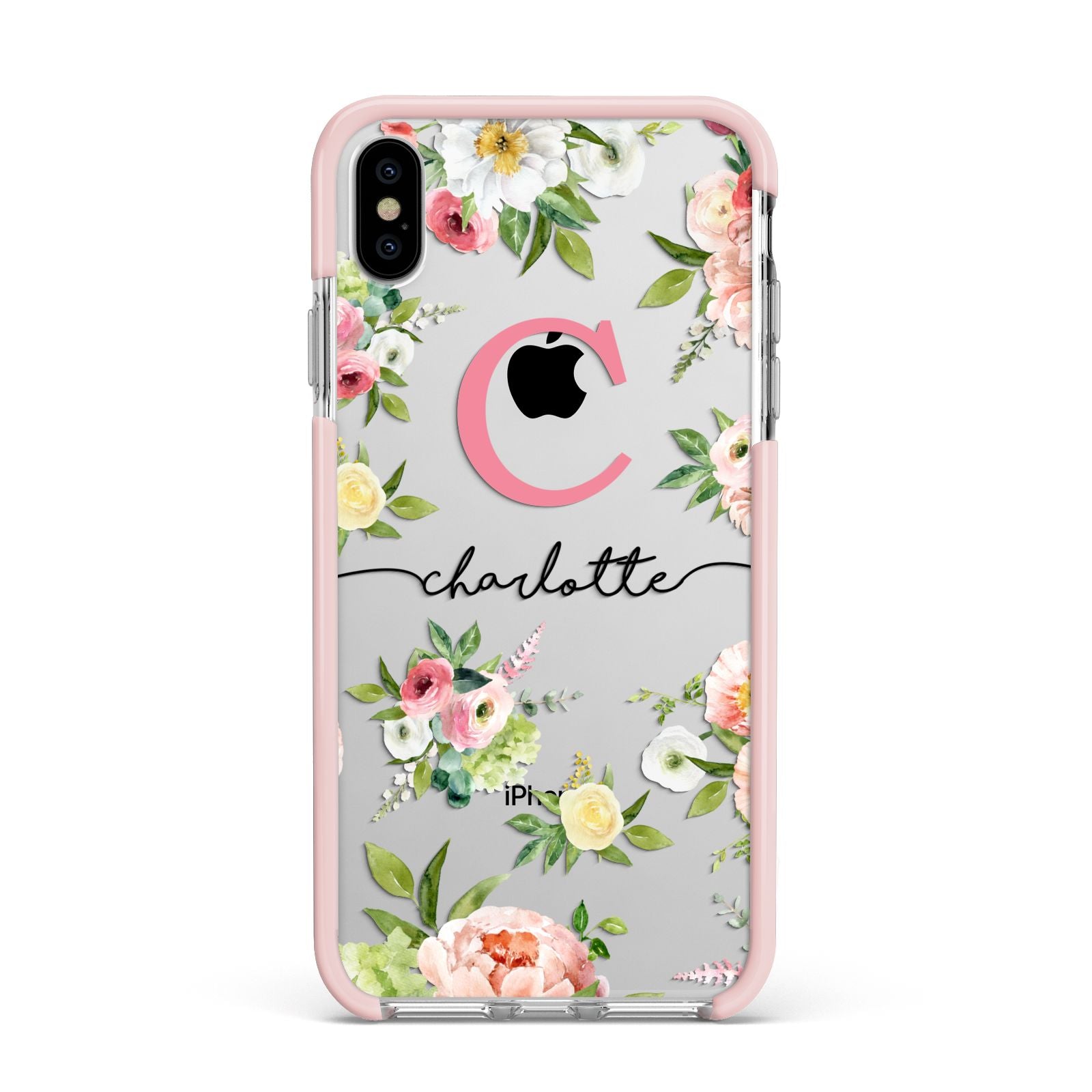Personalised Floral Apple iPhone Xs Max Impact Case Pink Edge on Silver Phone
