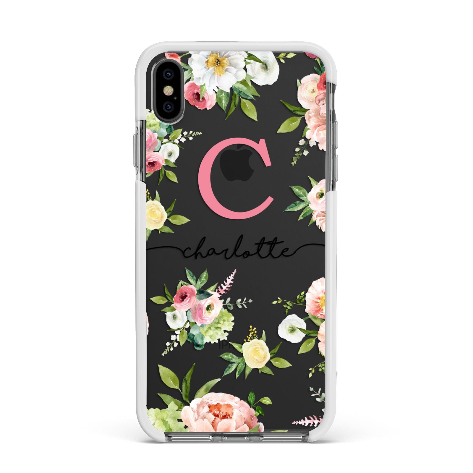 Personalised Floral Apple iPhone Xs Max Impact Case White Edge on Black Phone