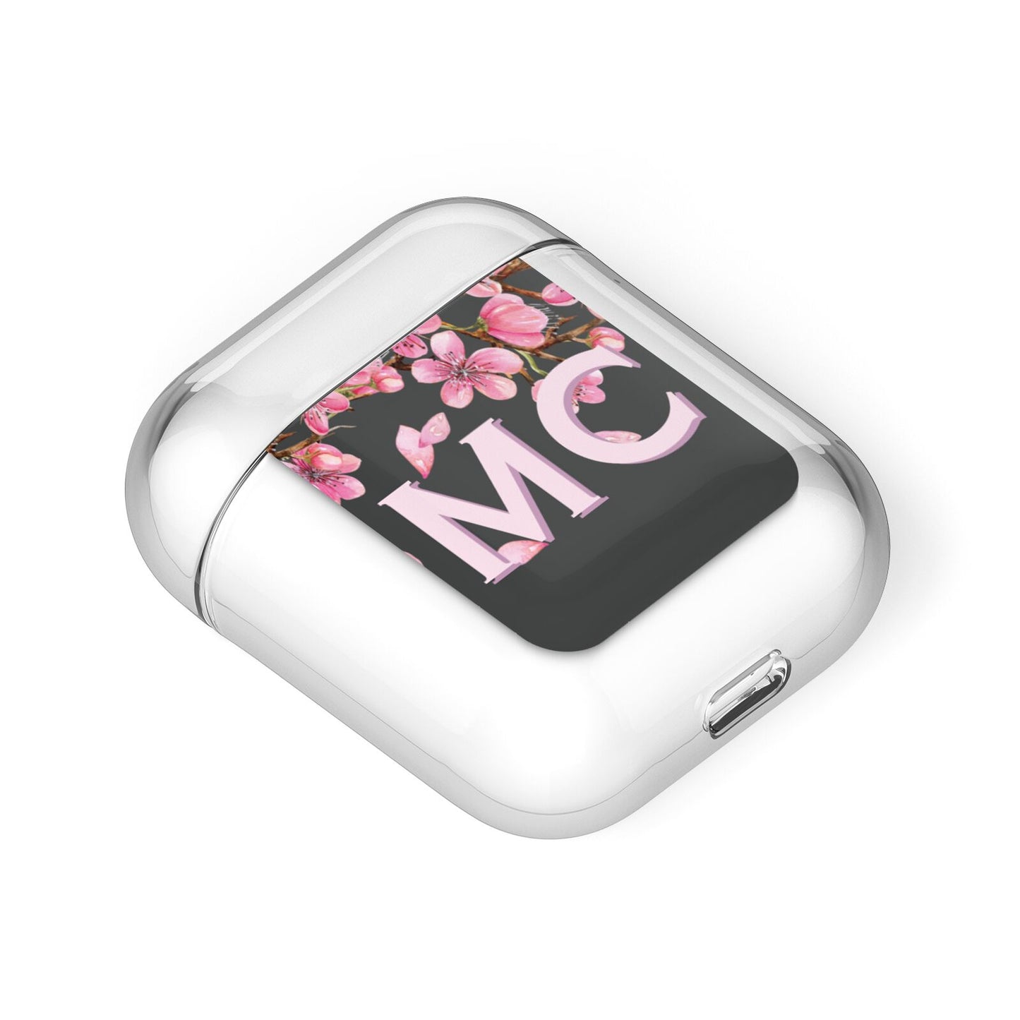 Personalised Floral Blossom Black Pink AirPods Case Laid Flat
