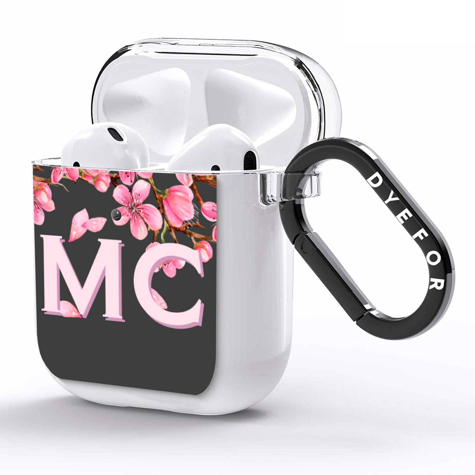 Personalised Floral Blossom Black Pink AirPods Clear Case Side Image