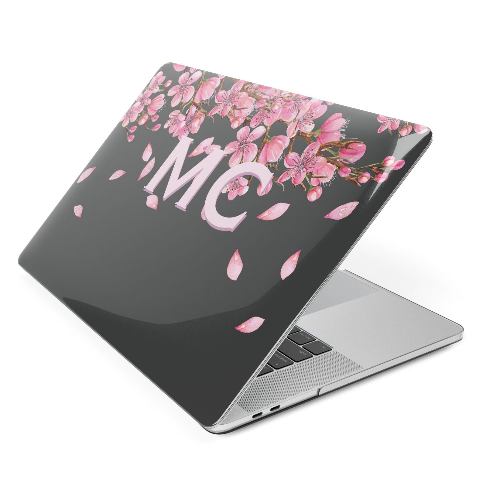 Personalised Floral Blossom Black Pink Apple MacBook Case Side View