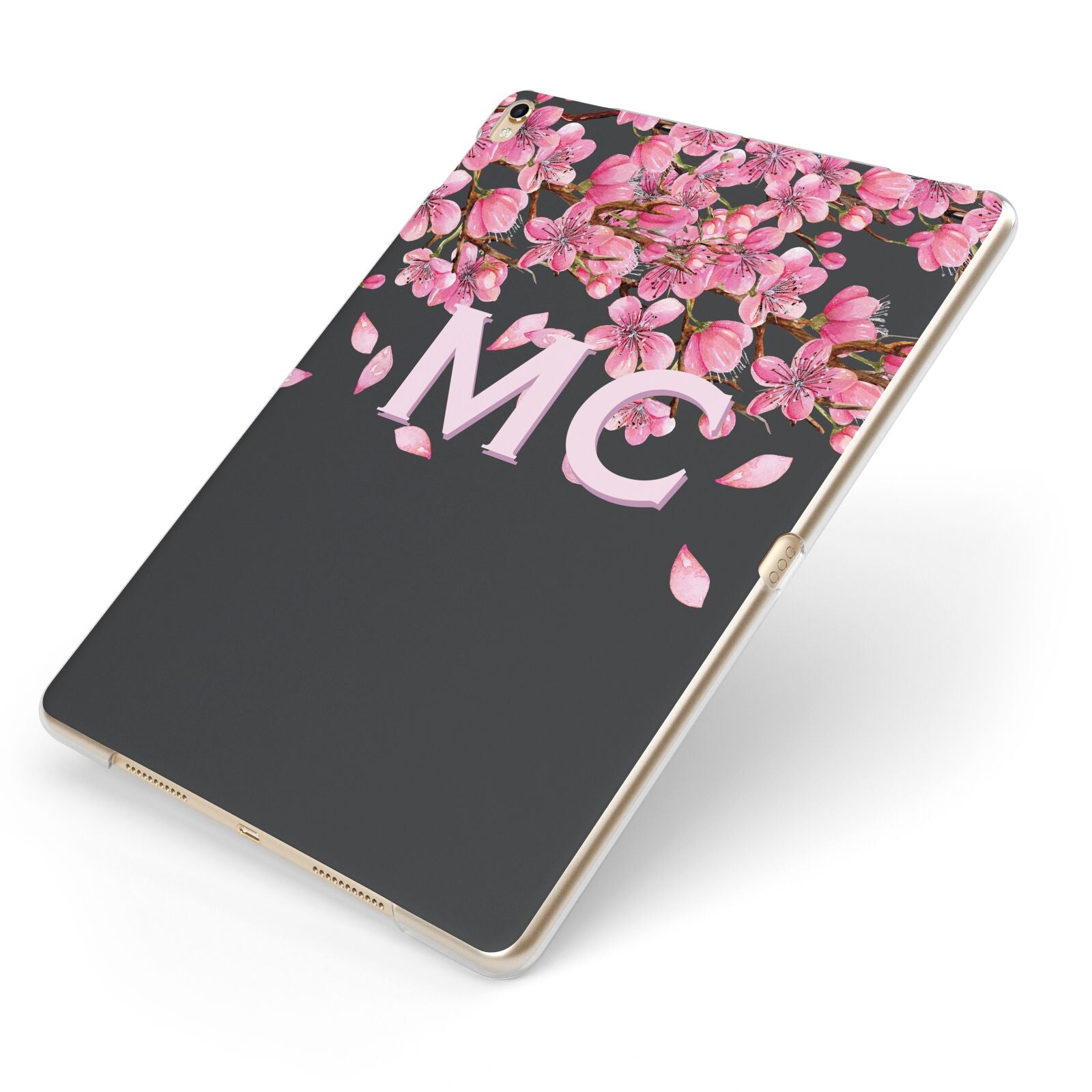 Personalised Floral Blossom Black Pink Apple iPad Case on Gold iPad Side View