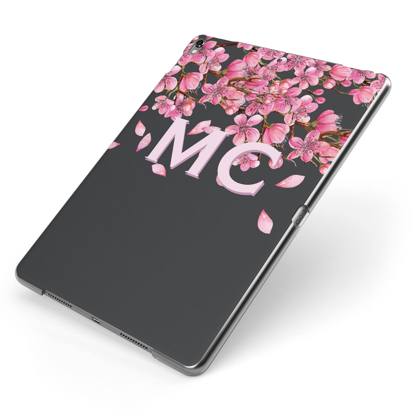Personalised Floral Blossom Black Pink Apple iPad Case on Grey iPad Side View