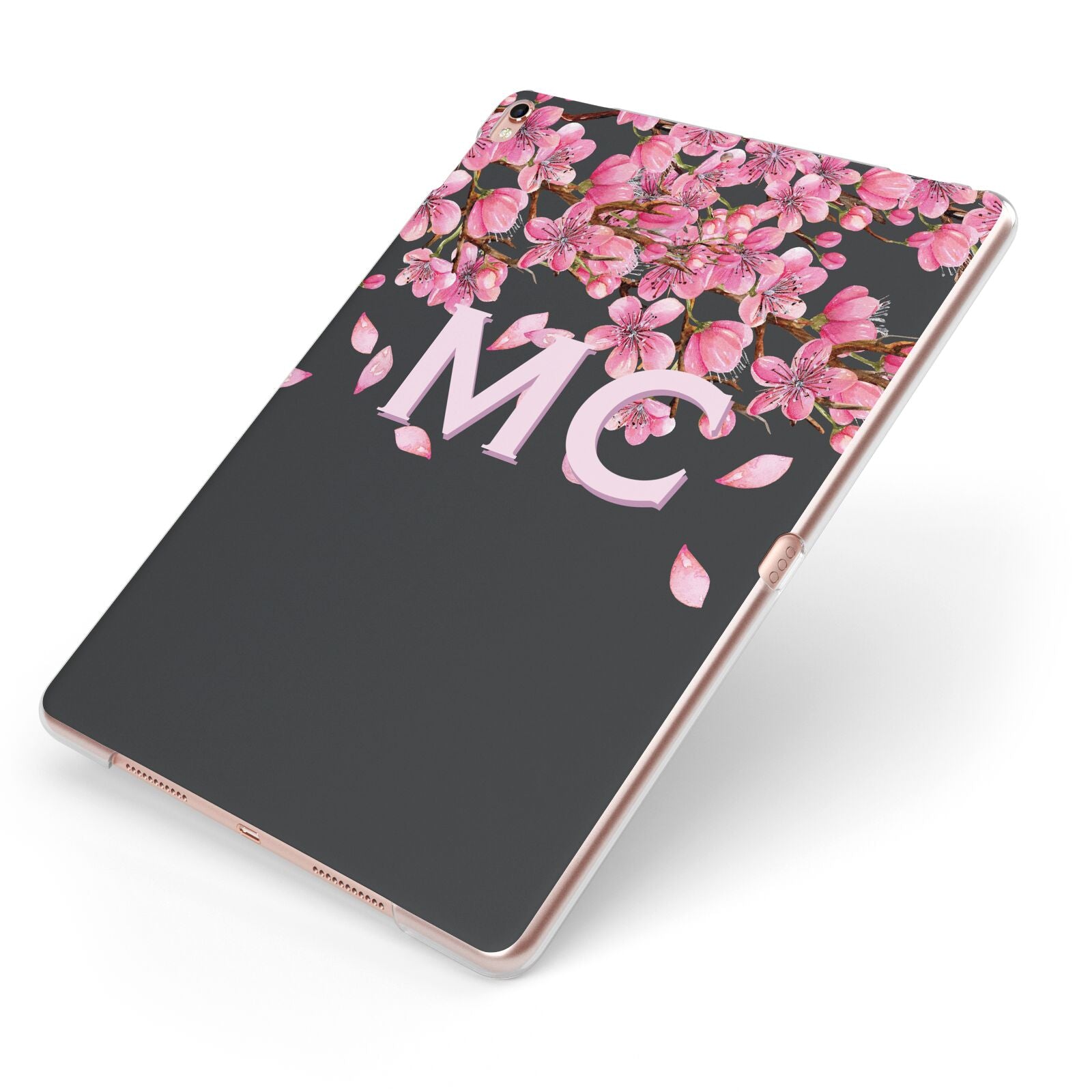 Personalised Floral Blossom Black Pink Apple iPad Case on Rose Gold iPad Side View