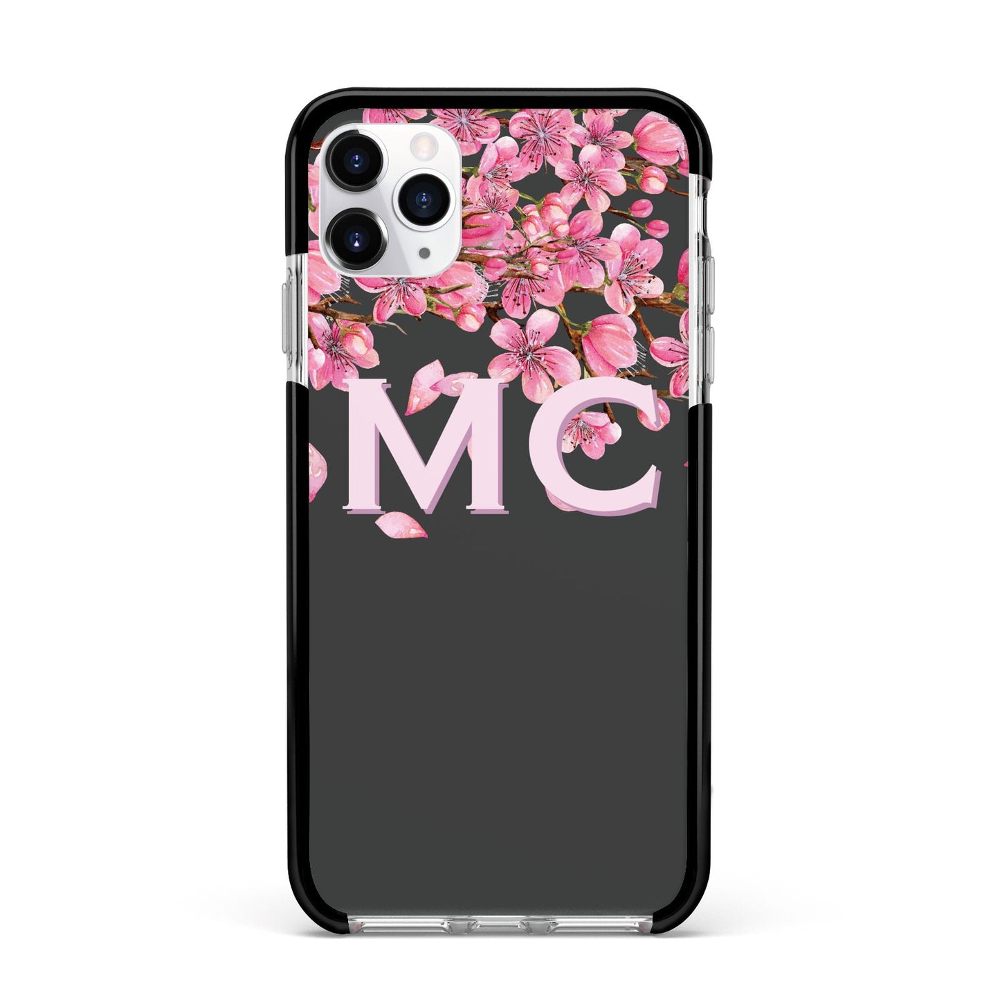 Personalised Floral Blossom Black Pink Apple iPhone 11 Pro Max in Silver with Black Impact Case