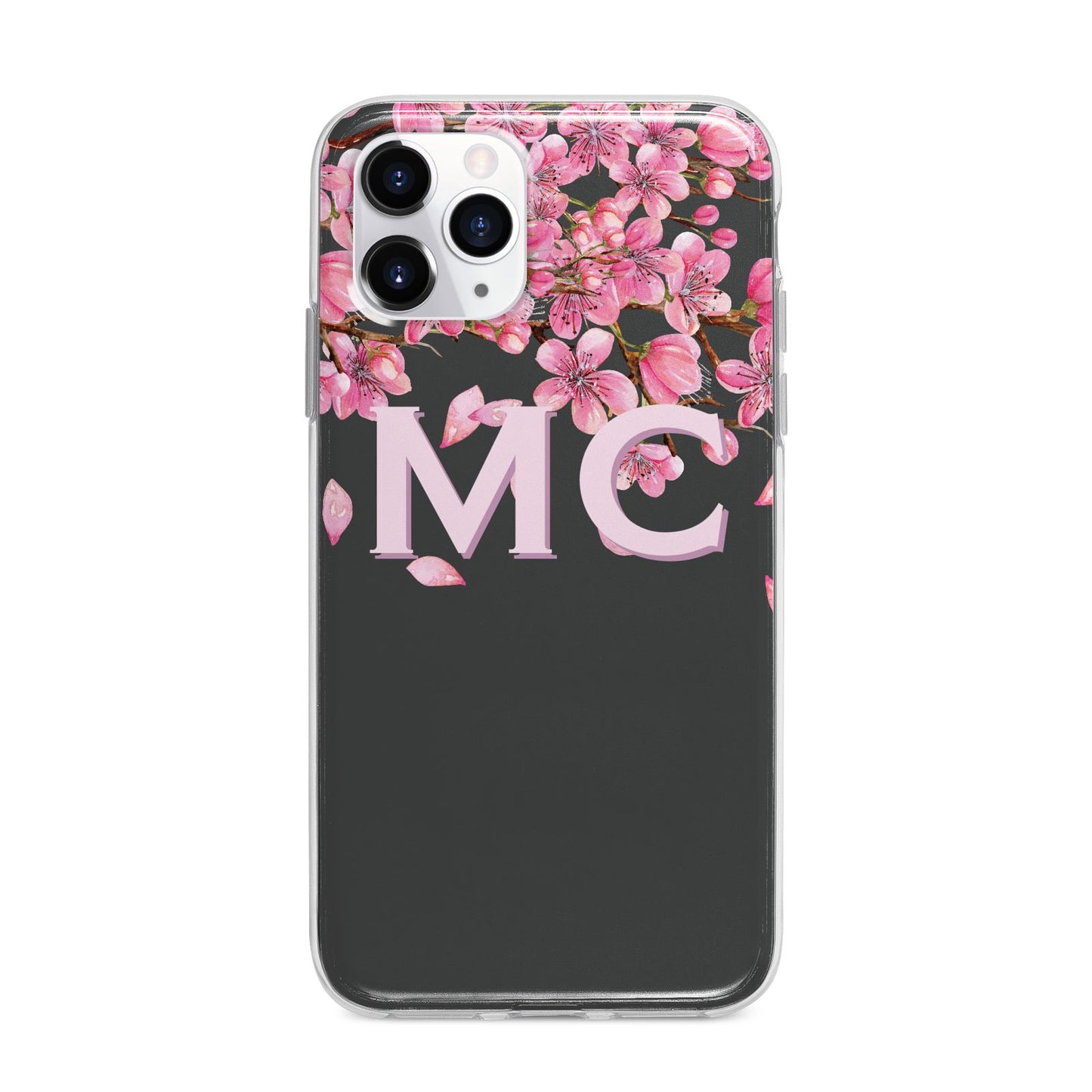 Personalised Floral Blossom Black Pink Apple iPhone 11 Pro Max in Silver with Bumper Case