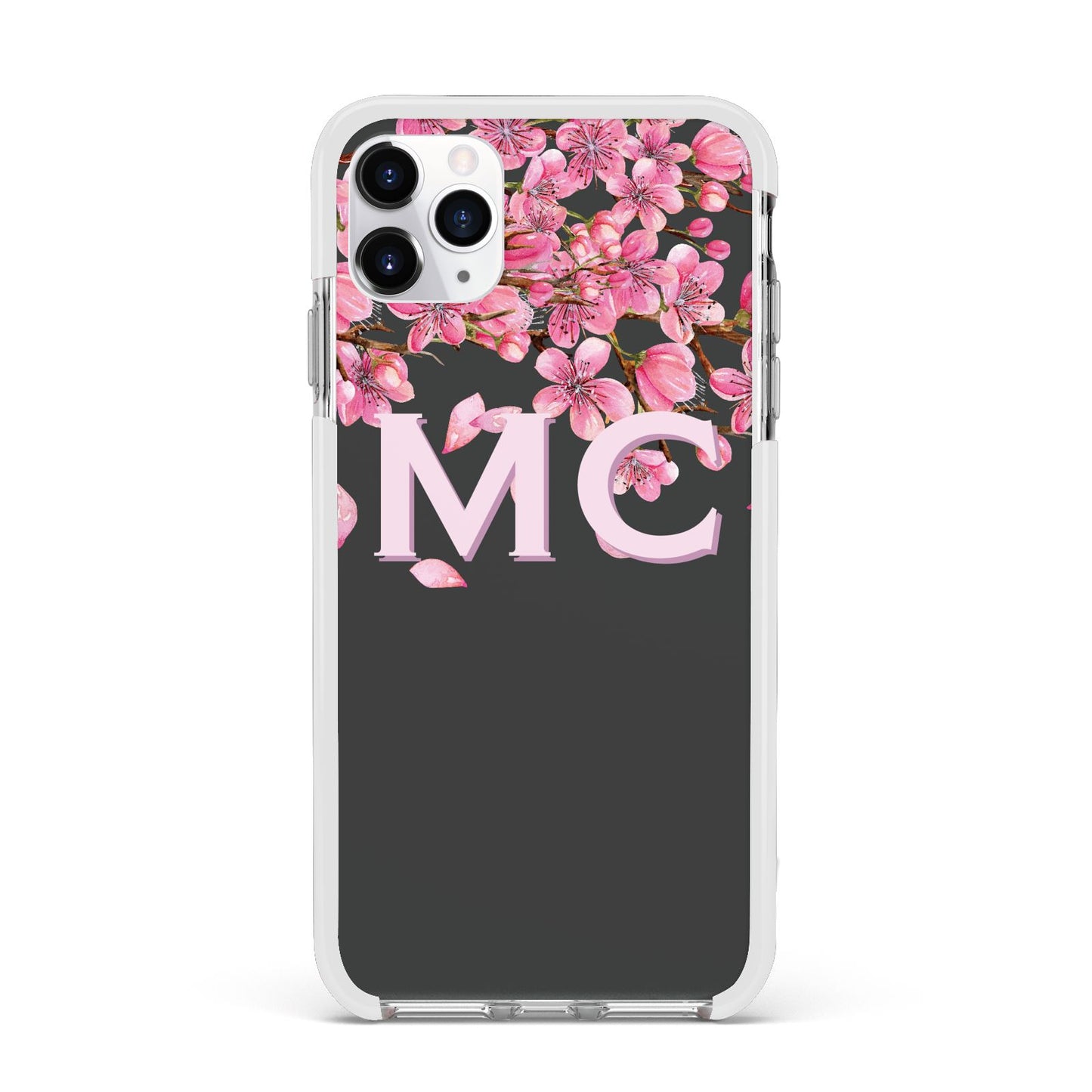 Personalised Floral Blossom Black Pink Apple iPhone 11 Pro Max in Silver with White Impact Case
