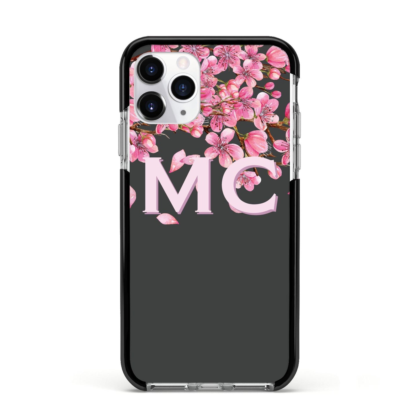 Personalised Floral Blossom Black Pink Apple iPhone 11 Pro in Silver with Black Impact Case