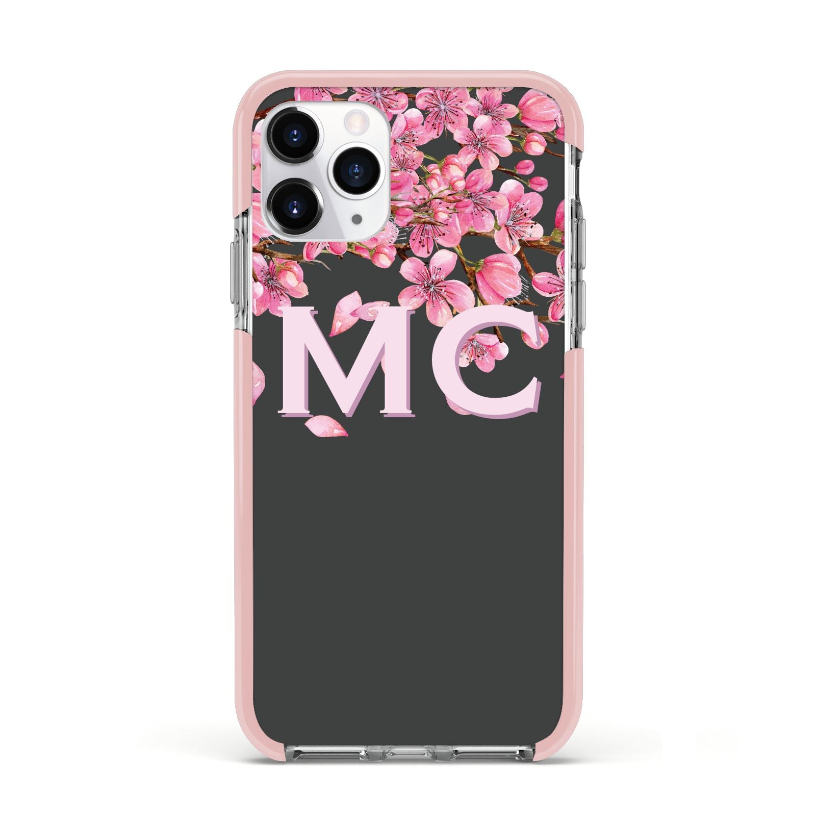 Personalised Floral Blossom Black Pink Apple iPhone 11 Pro in Silver with Pink Impact Case