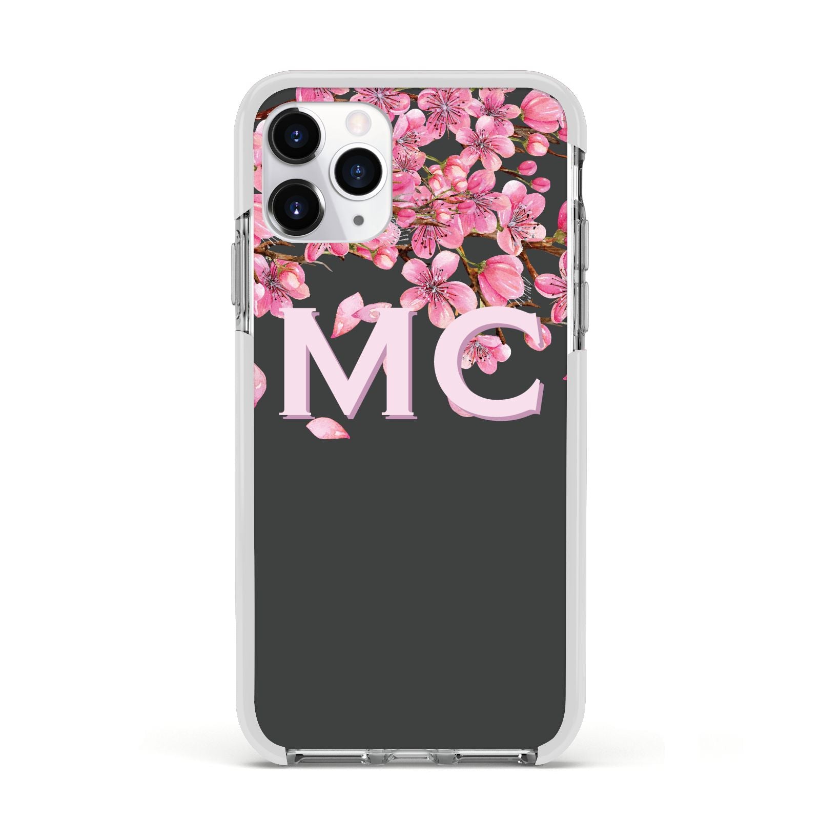 Personalised Floral Blossom Black Pink Apple iPhone 11 Pro in Silver with White Impact Case