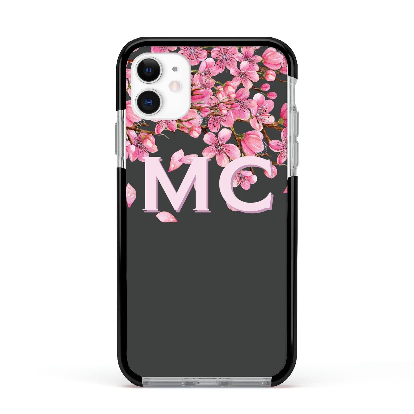 Personalised Floral Blossom Black Pink Apple iPhone 11 in White with Black Impact Case