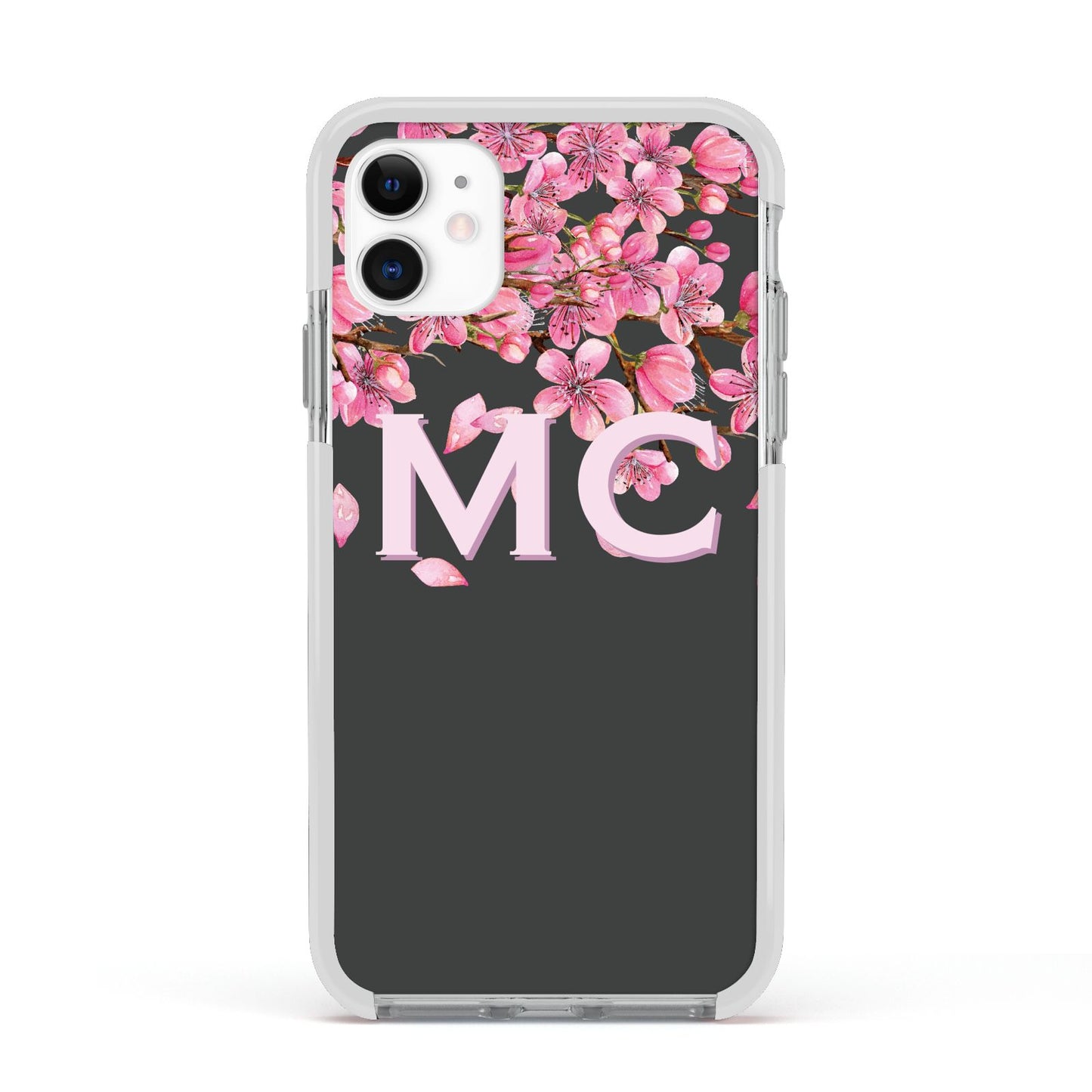 Personalised Floral Blossom Black Pink Apple iPhone 11 in White with White Impact Case