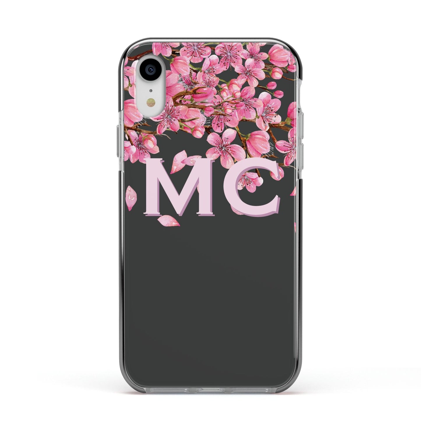 Personalised Floral Blossom Black Pink Apple iPhone XR Impact Case Black Edge on Silver Phone