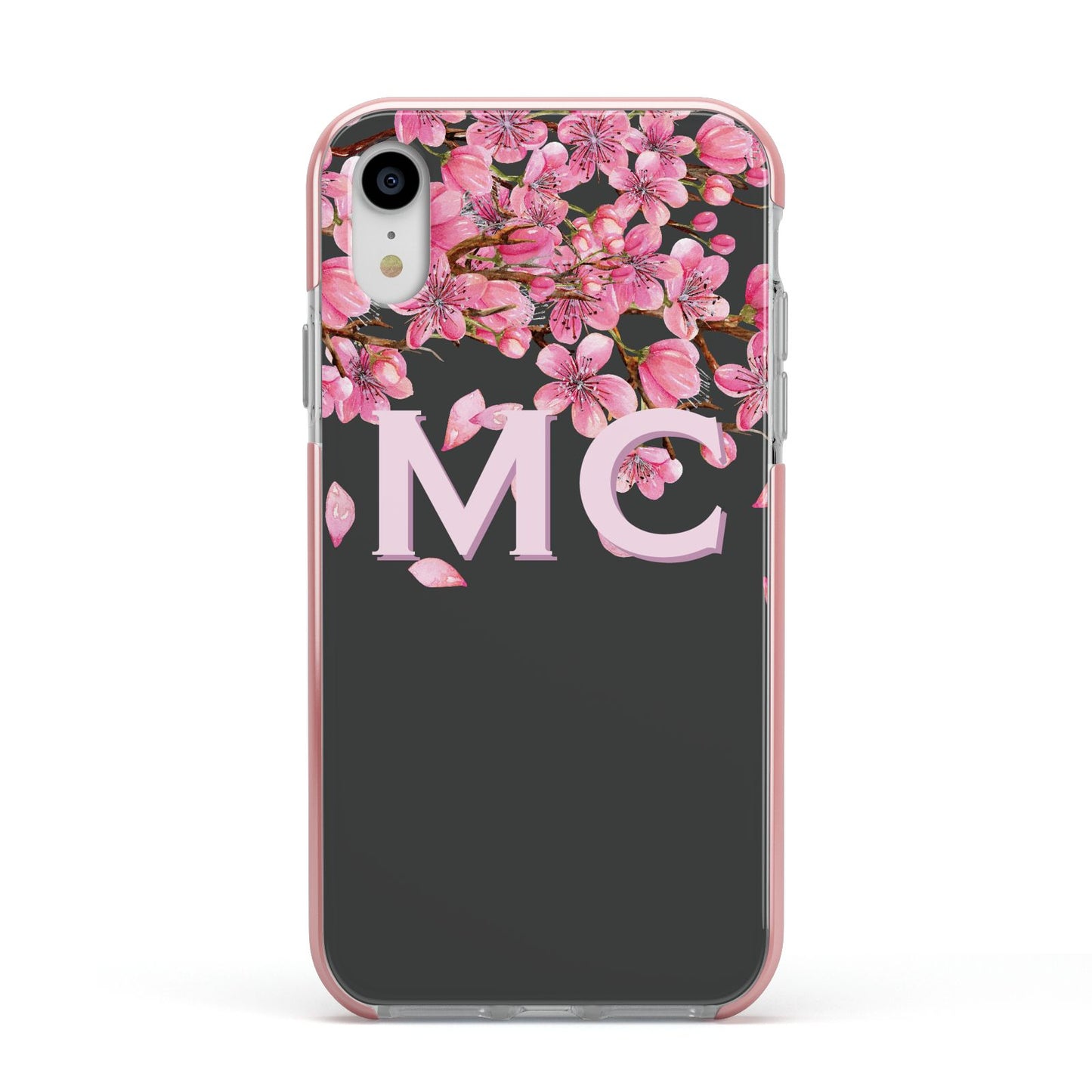 Personalised Floral Blossom Black Pink Apple iPhone XR Impact Case Pink Edge on Silver Phone