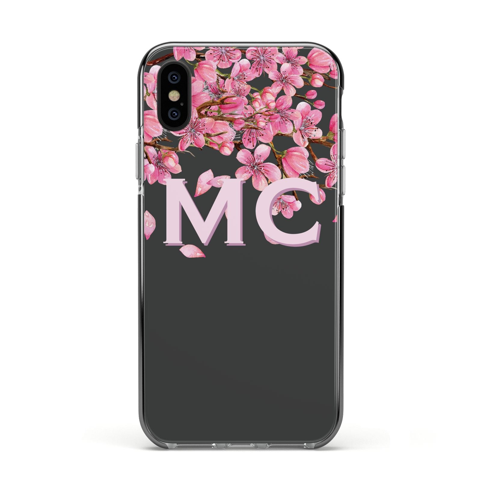 Personalised Floral Blossom Black Pink Apple iPhone Xs Impact Case Black Edge on Black Phone