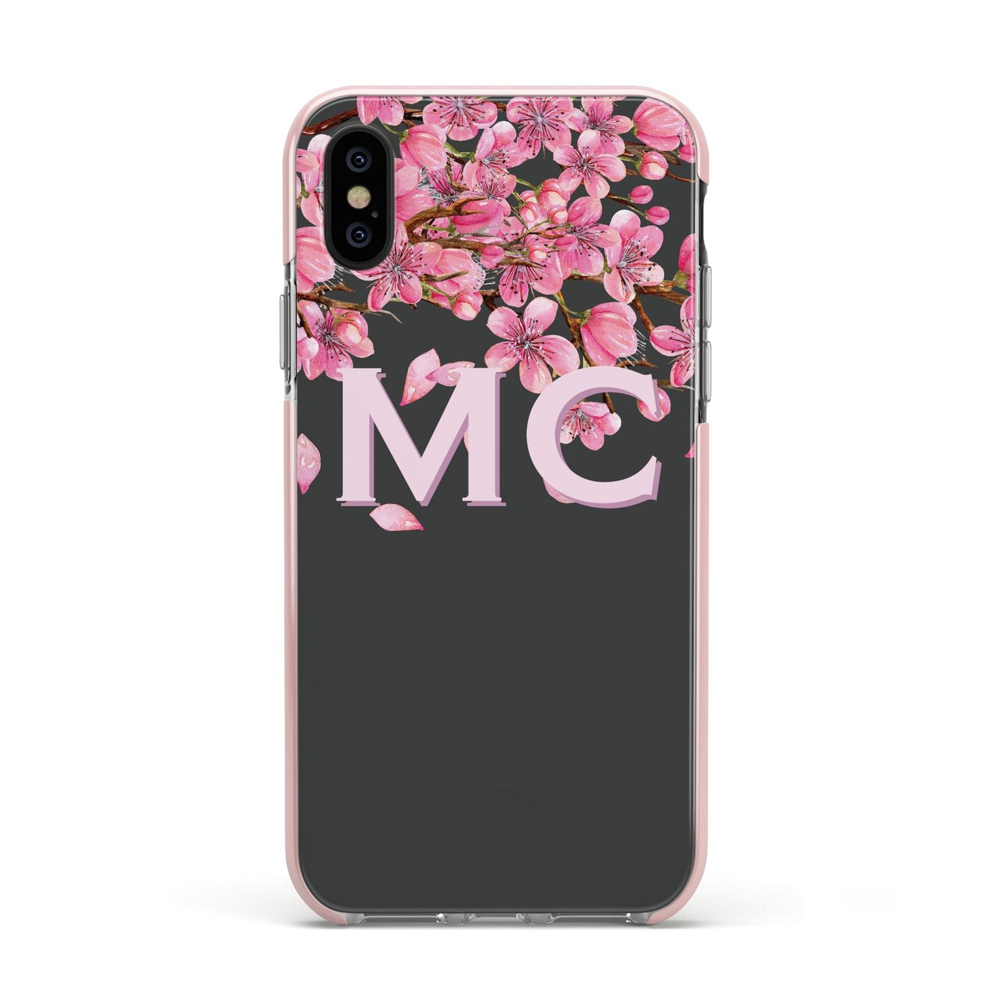 Personalised Floral Blossom Black Pink Apple iPhone Xs Impact Case Pink Edge on Black Phone