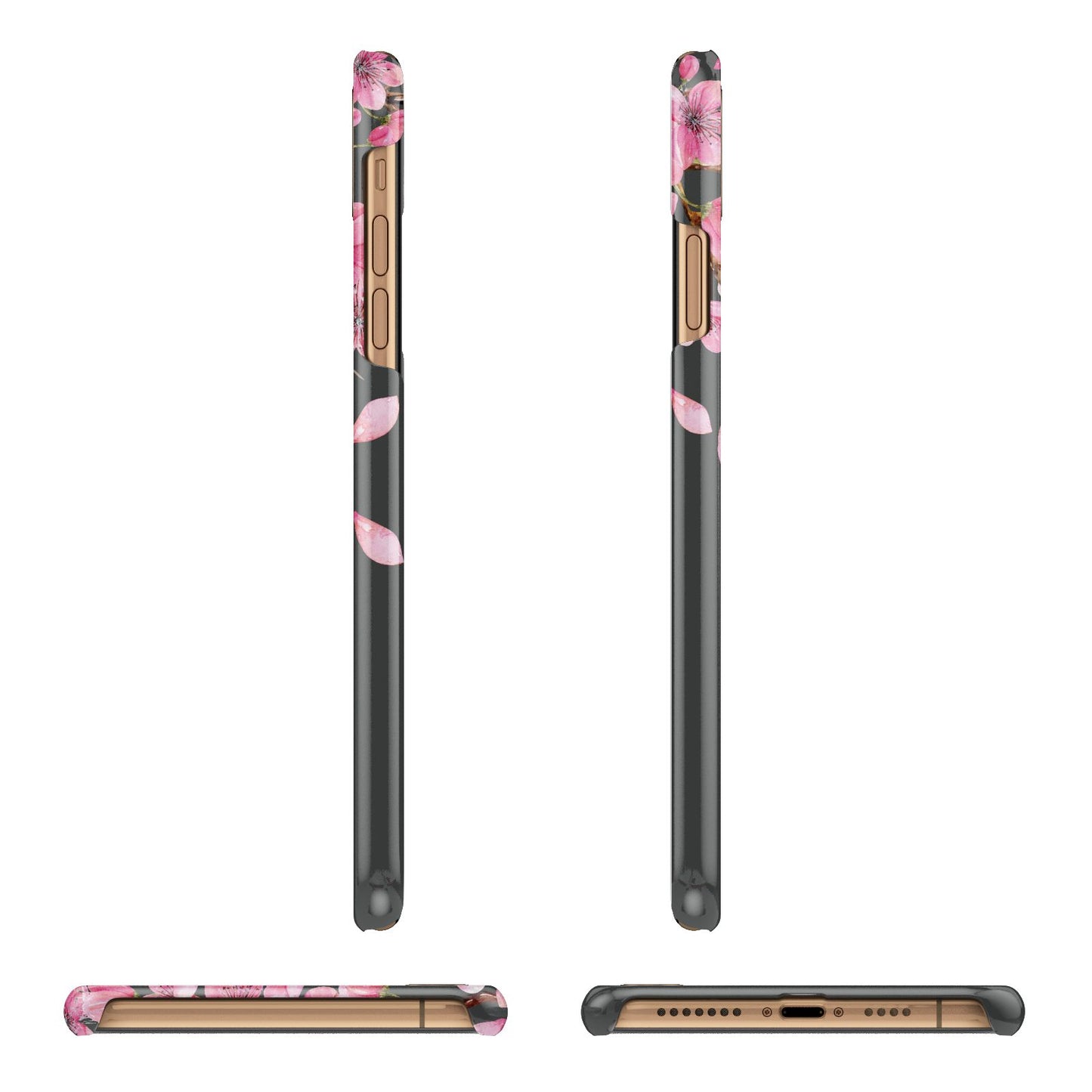 Personalised Floral Blossom Black Pink Apple iPhone Xs Max 3D Wrap Snap Case Angled Images