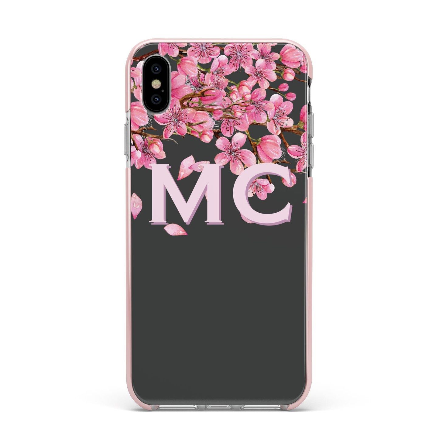 Personalised Floral Blossom Black Pink Apple iPhone Xs Max Impact Case Pink Edge on Silver Phone