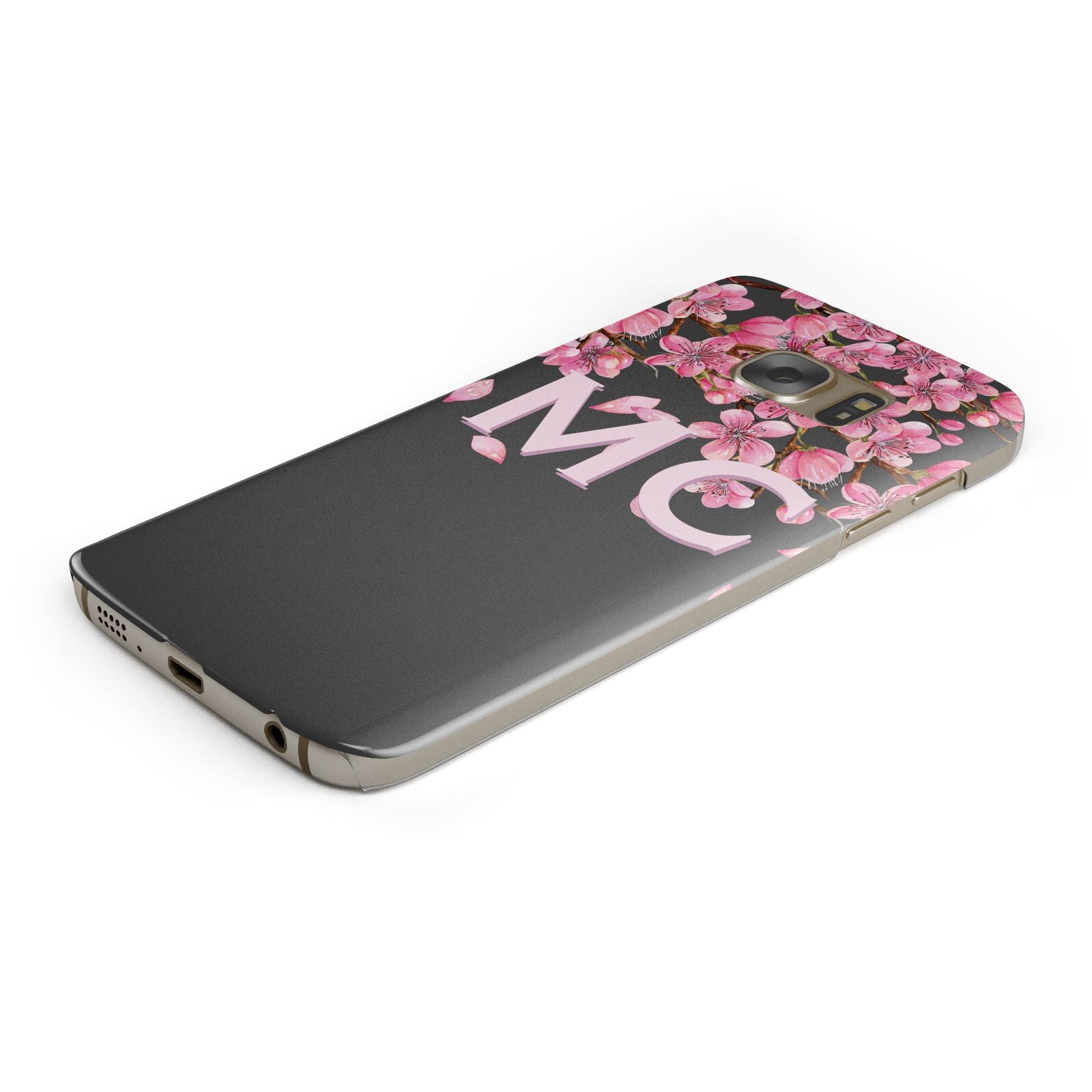 Personalised Floral Blossom Black Pink Protective Samsung Galaxy Case Angled Image