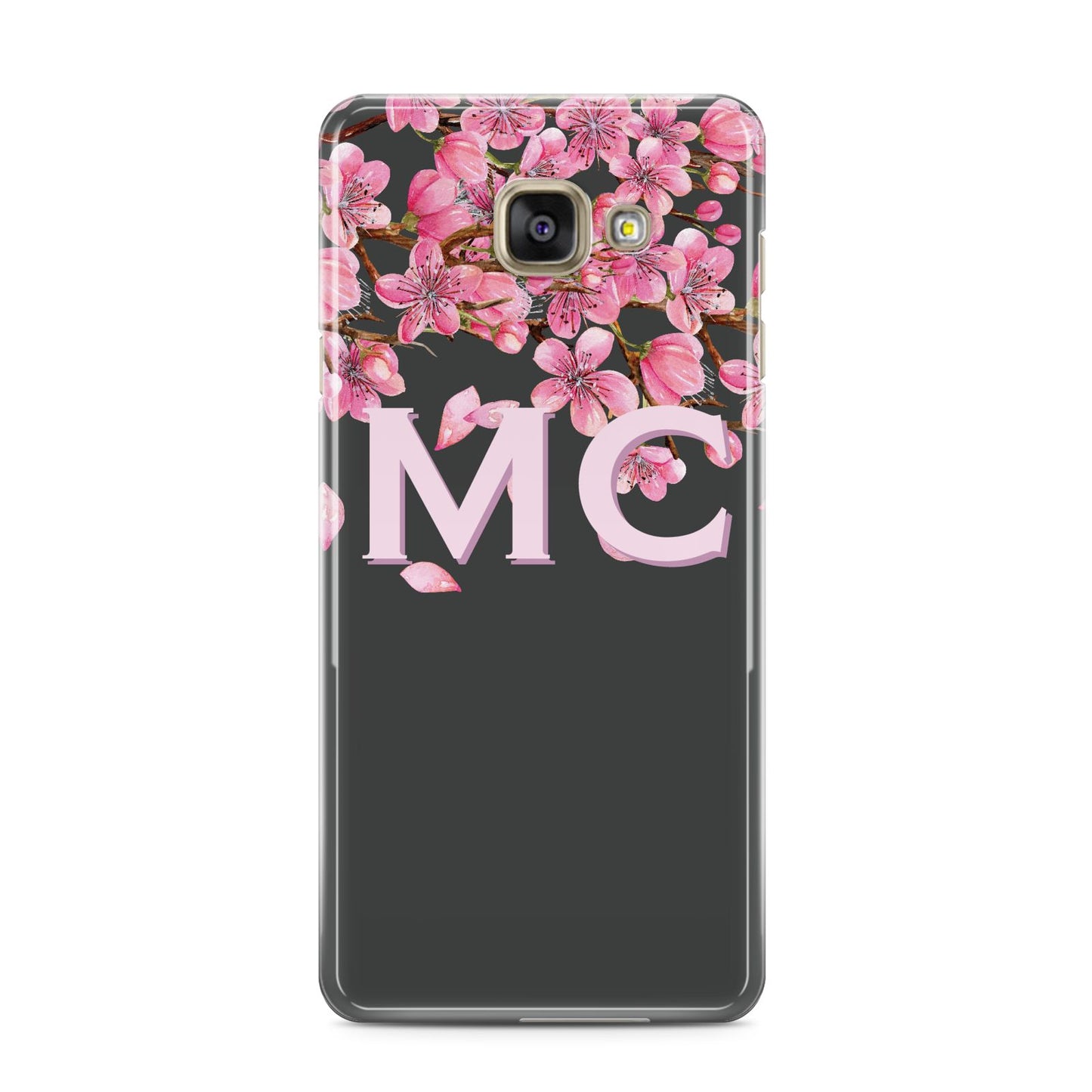 Personalised Floral Blossom Black Pink Samsung Galaxy A3 2016 Case on gold phone