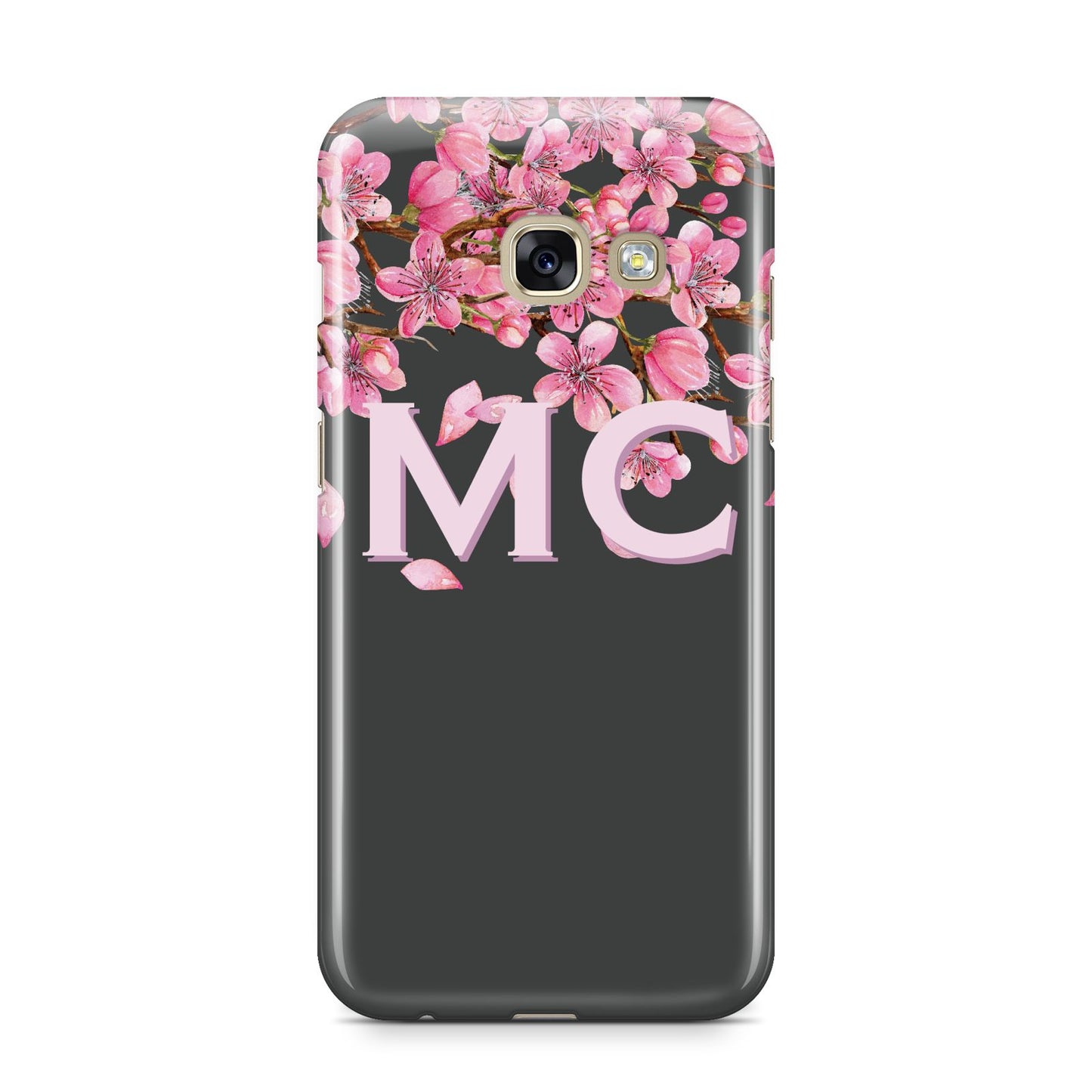 Personalised Floral Blossom Black Pink Samsung Galaxy A3 2017 Case on gold phone