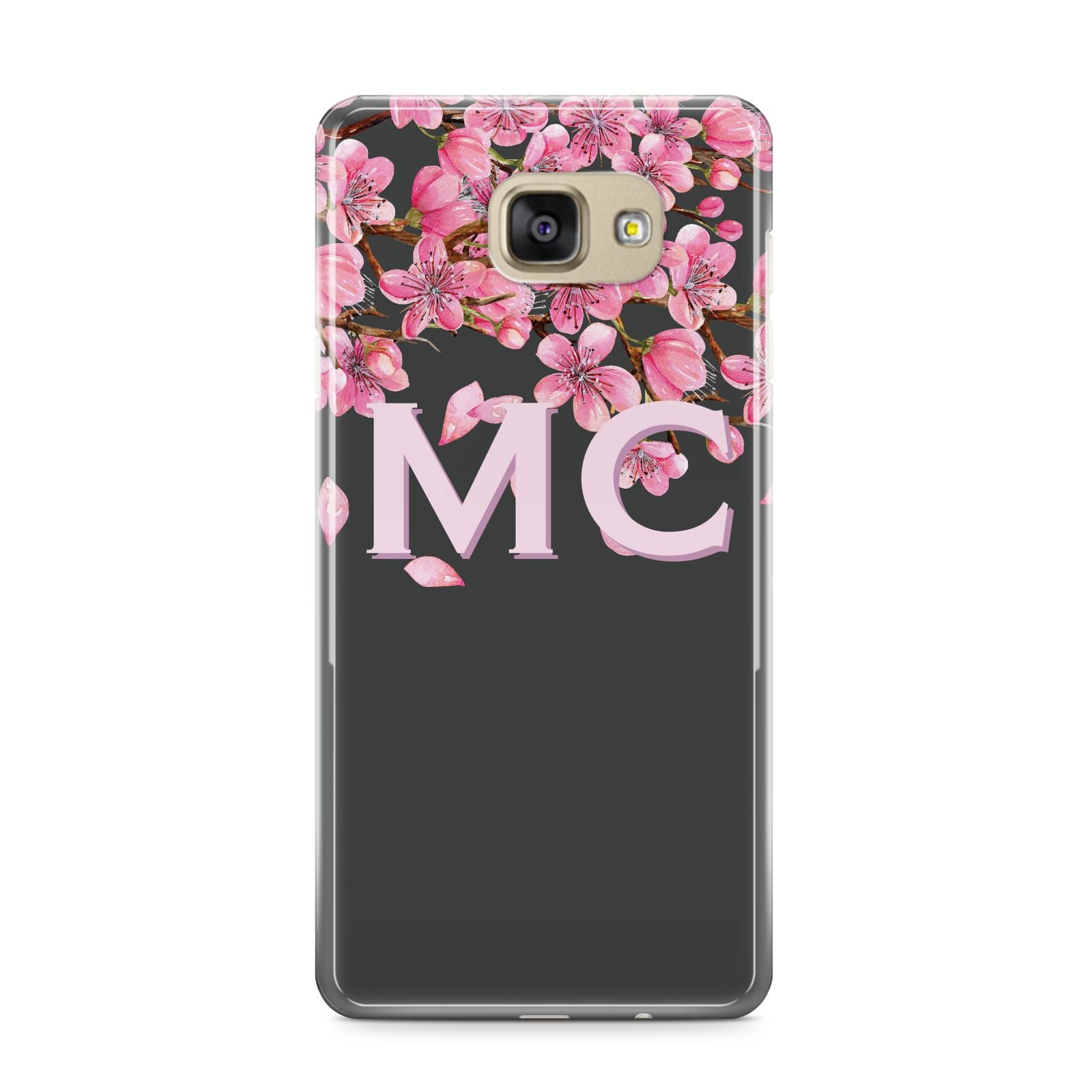Personalised Floral Blossom Black Pink Samsung Galaxy A9 2016 Case on gold phone