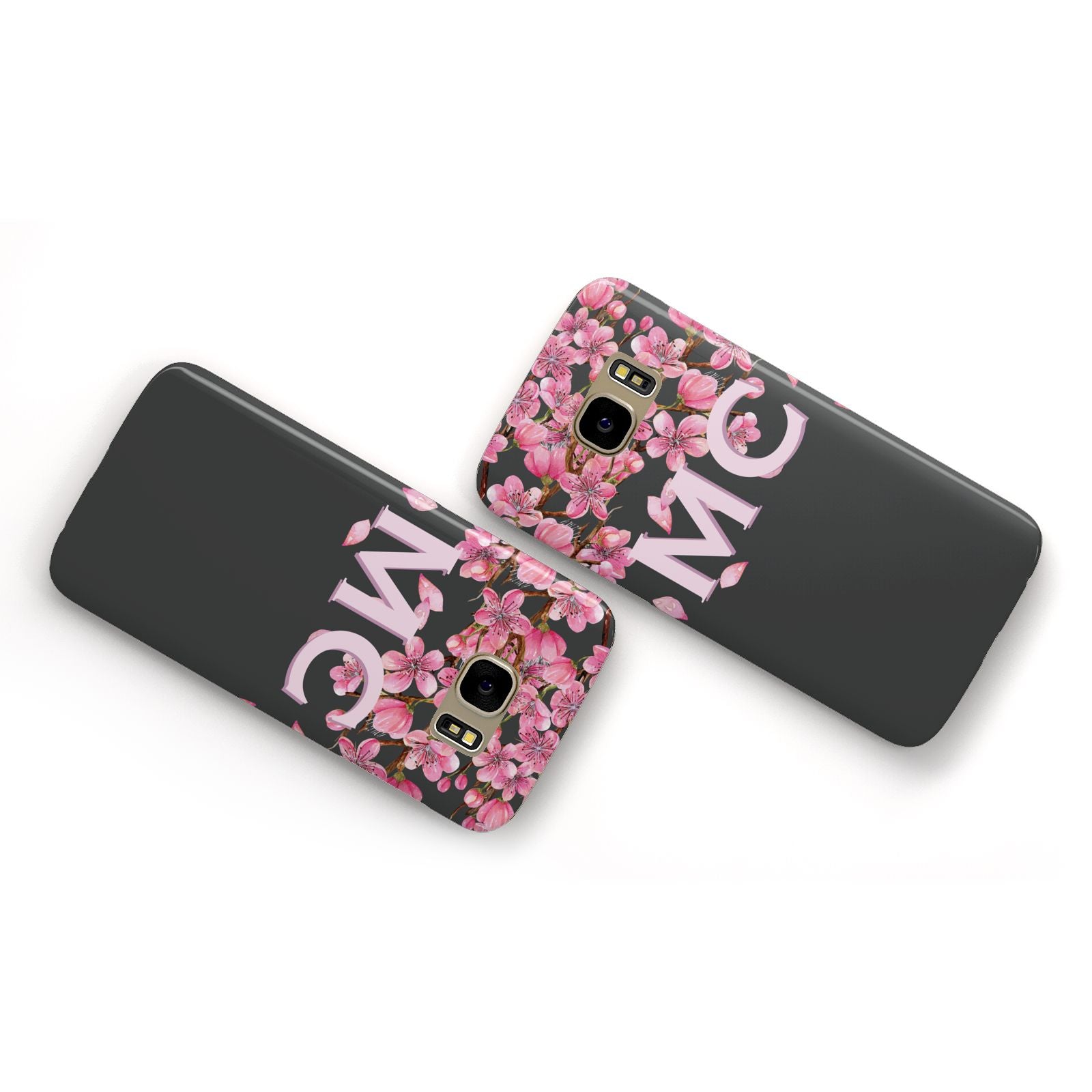 Personalised Floral Blossom Black Pink Samsung Galaxy Case Flat Overview