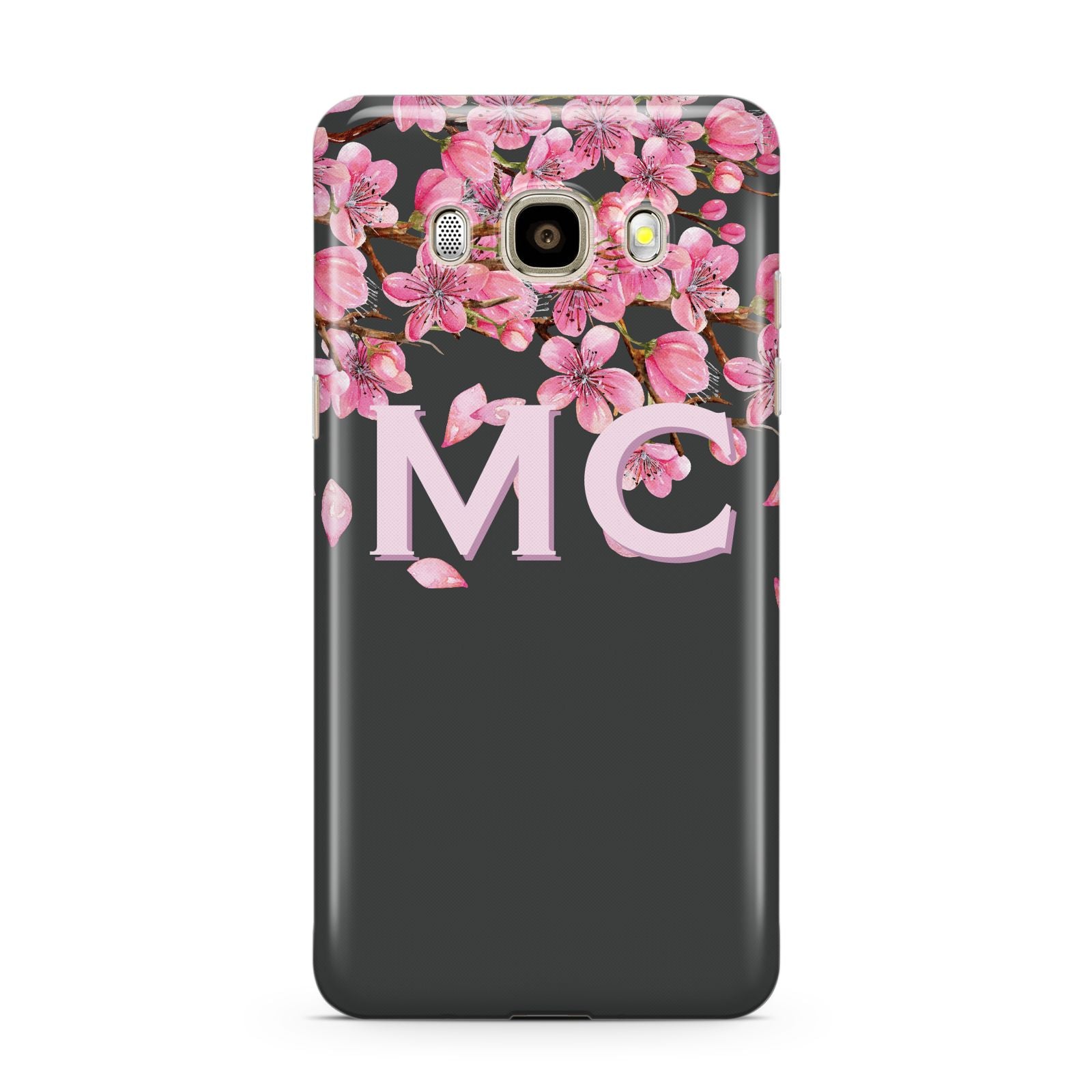 Personalised Floral Blossom Black Pink Samsung Galaxy J7 2016 Case on gold phone