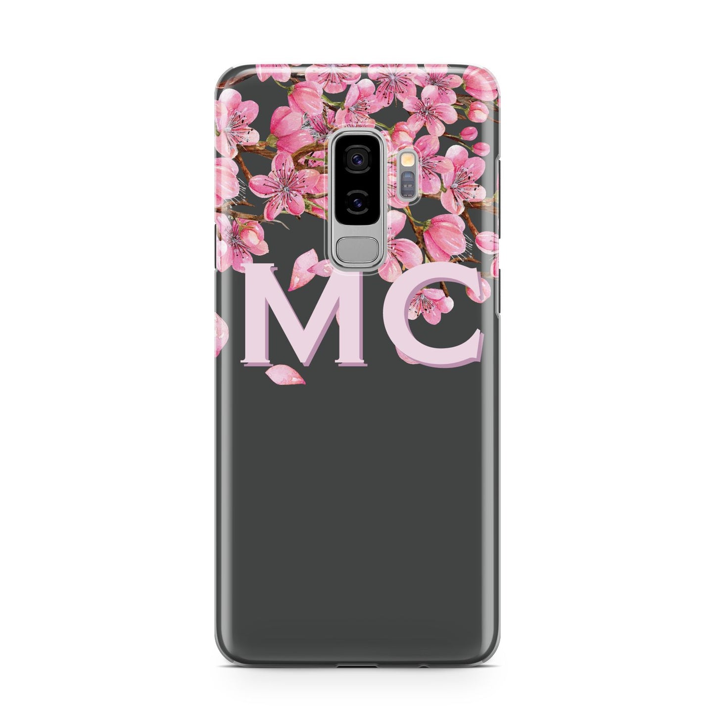 Personalised Floral Blossom Black Pink Samsung Galaxy S9 Plus Case on Silver phone