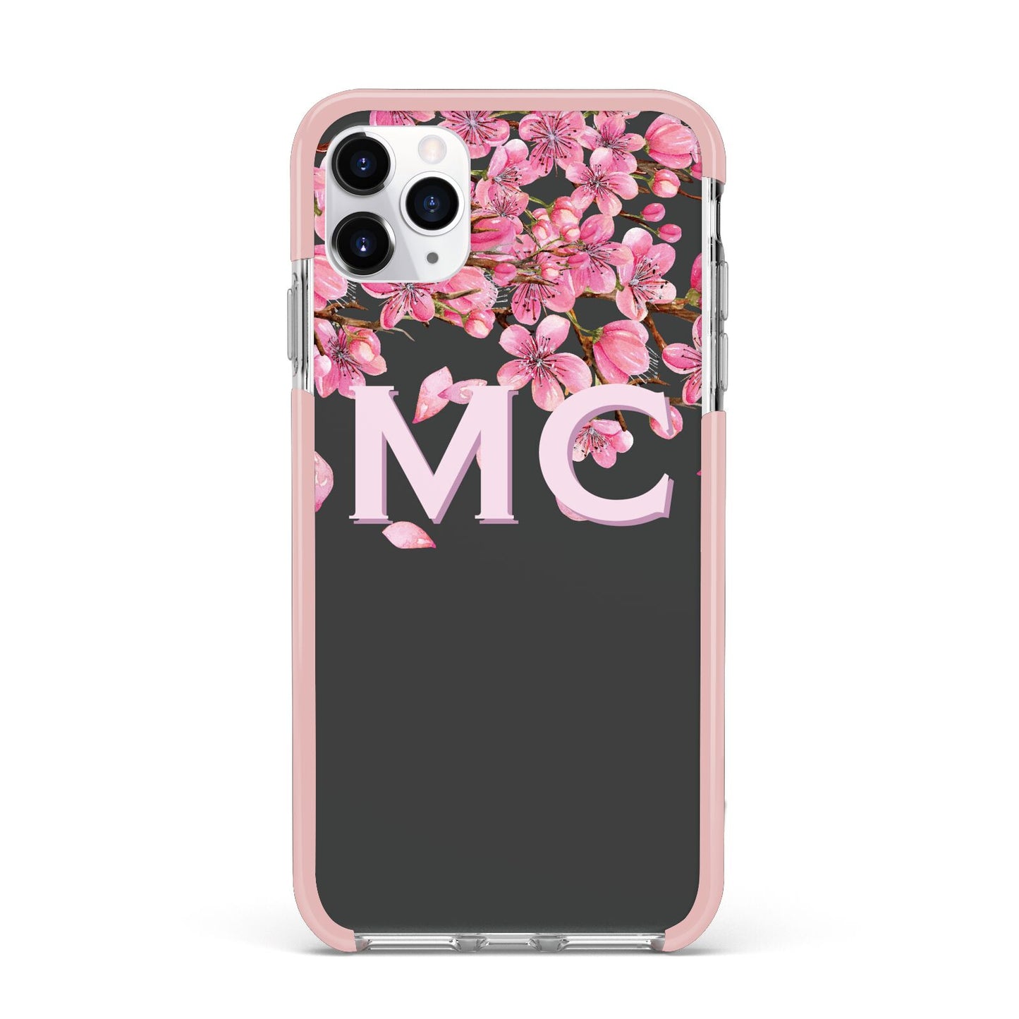 Personalised Floral Blossom Black Pink iPhone 11 Pro Max Impact Pink Edge Case