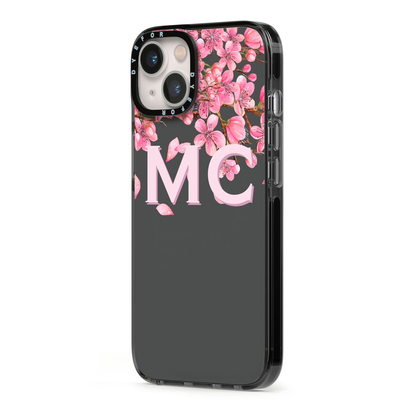 Personalised Floral Blossom Black Pink iPhone 13 Black Impact Case Side Angle on Silver phone