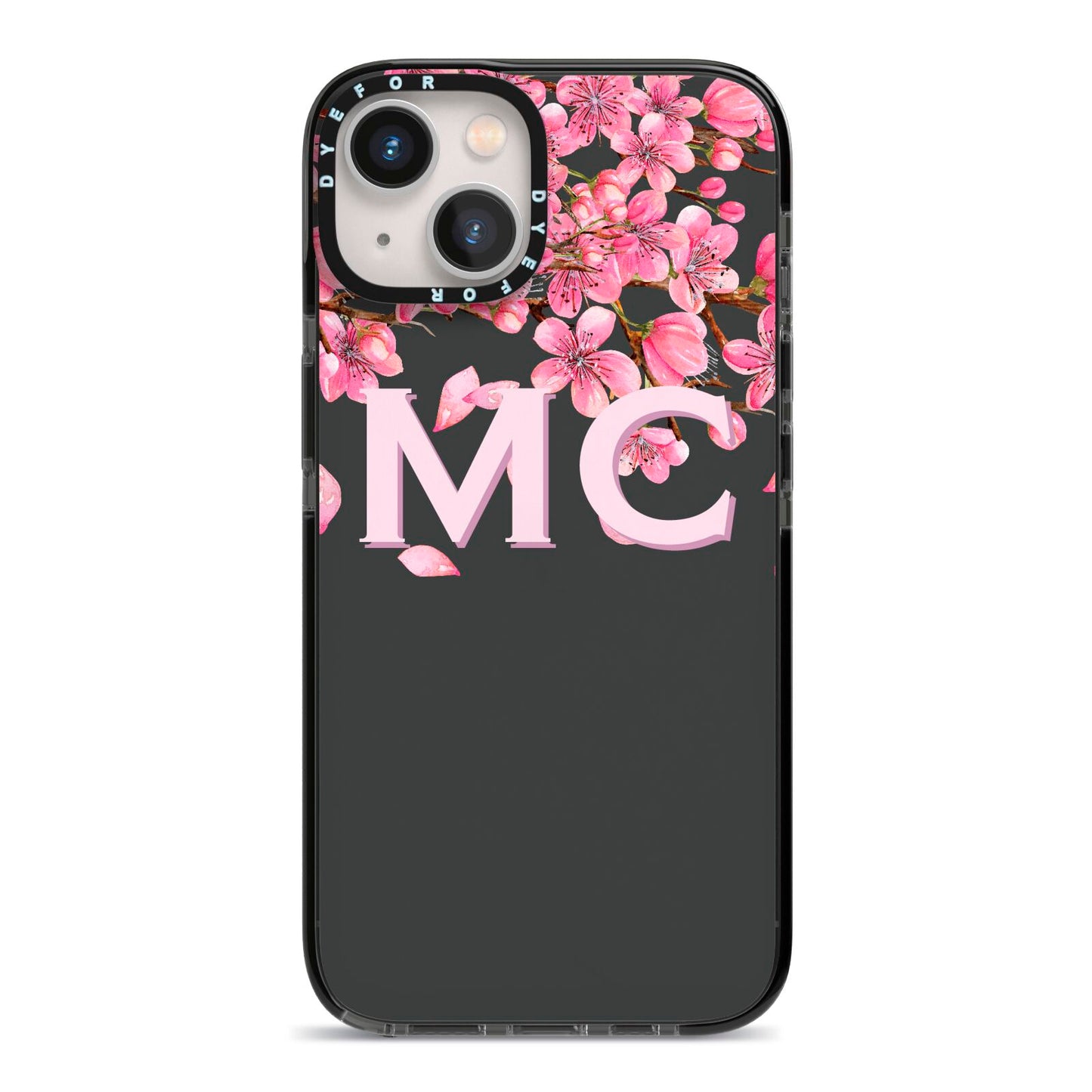 Personalised Floral Blossom Black Pink iPhone 13 Black Impact Case on Silver phone
