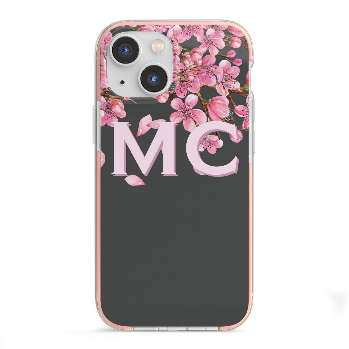 Personalised Floral Blossom Black Pink iPhone 13 Mini TPU Impact Case with Pink Edges