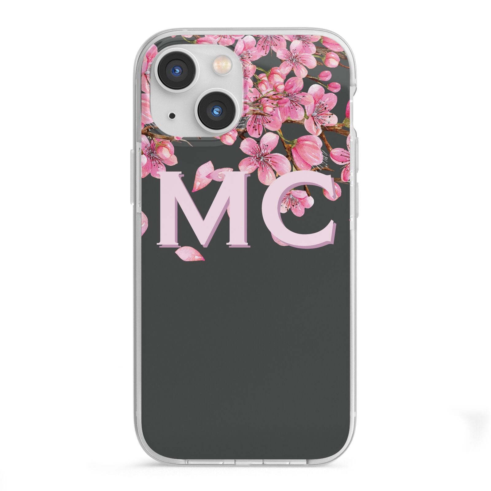 Personalised Floral Blossom Black Pink iPhone 13 Mini TPU Impact Case with White Edges