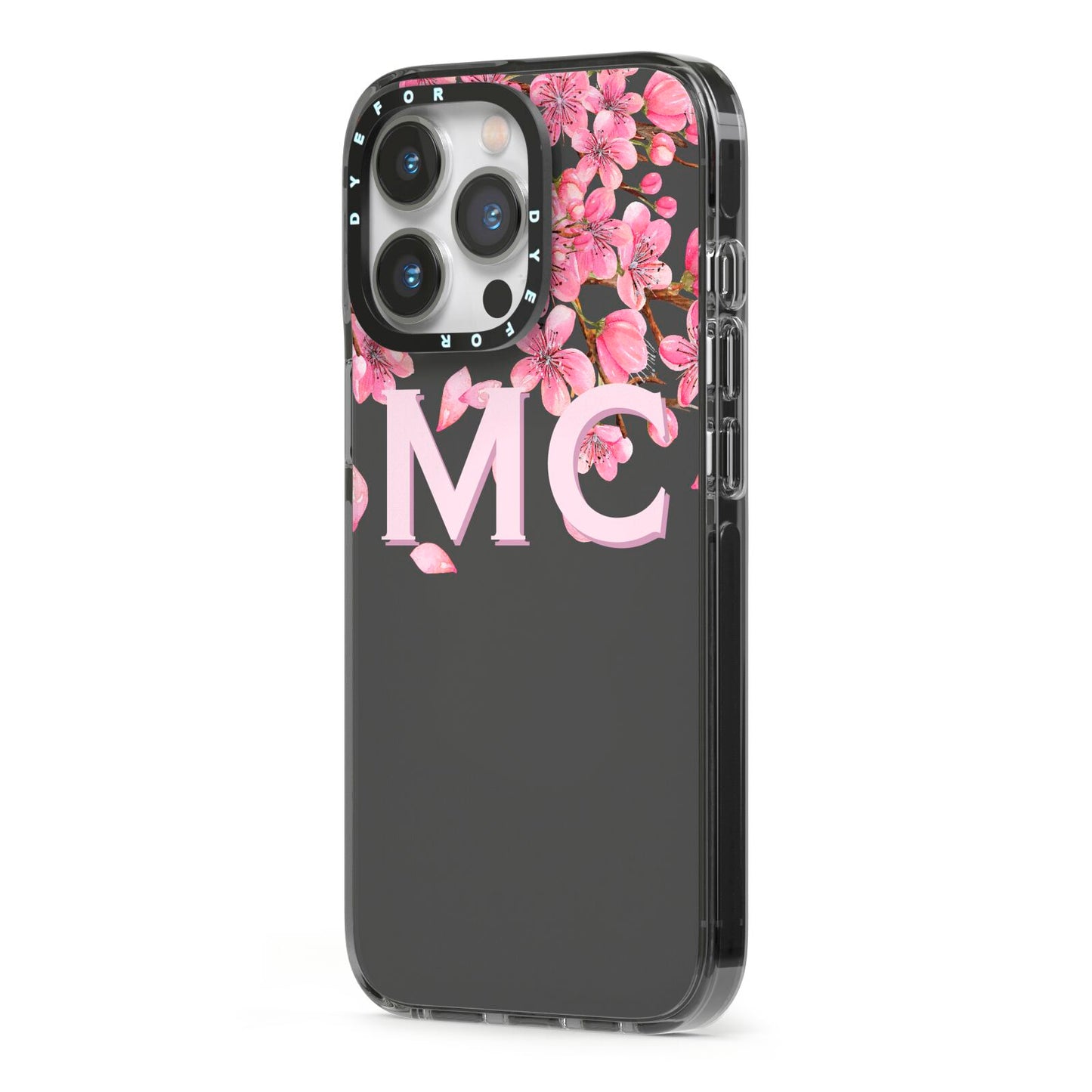 Personalised Floral Blossom Black Pink iPhone 13 Pro Black Impact Case Side Angle on Silver phone