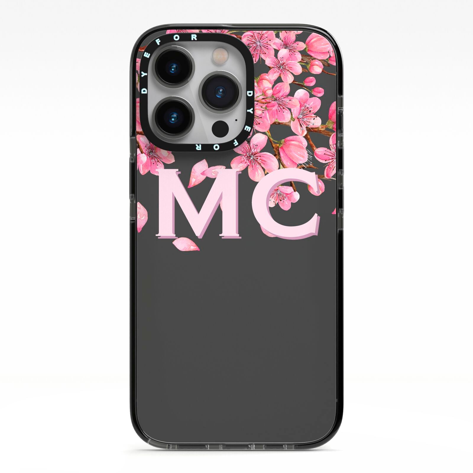 Personalised Floral Blossom Black Pink iPhone 13 Pro Black Impact Case on Silver phone