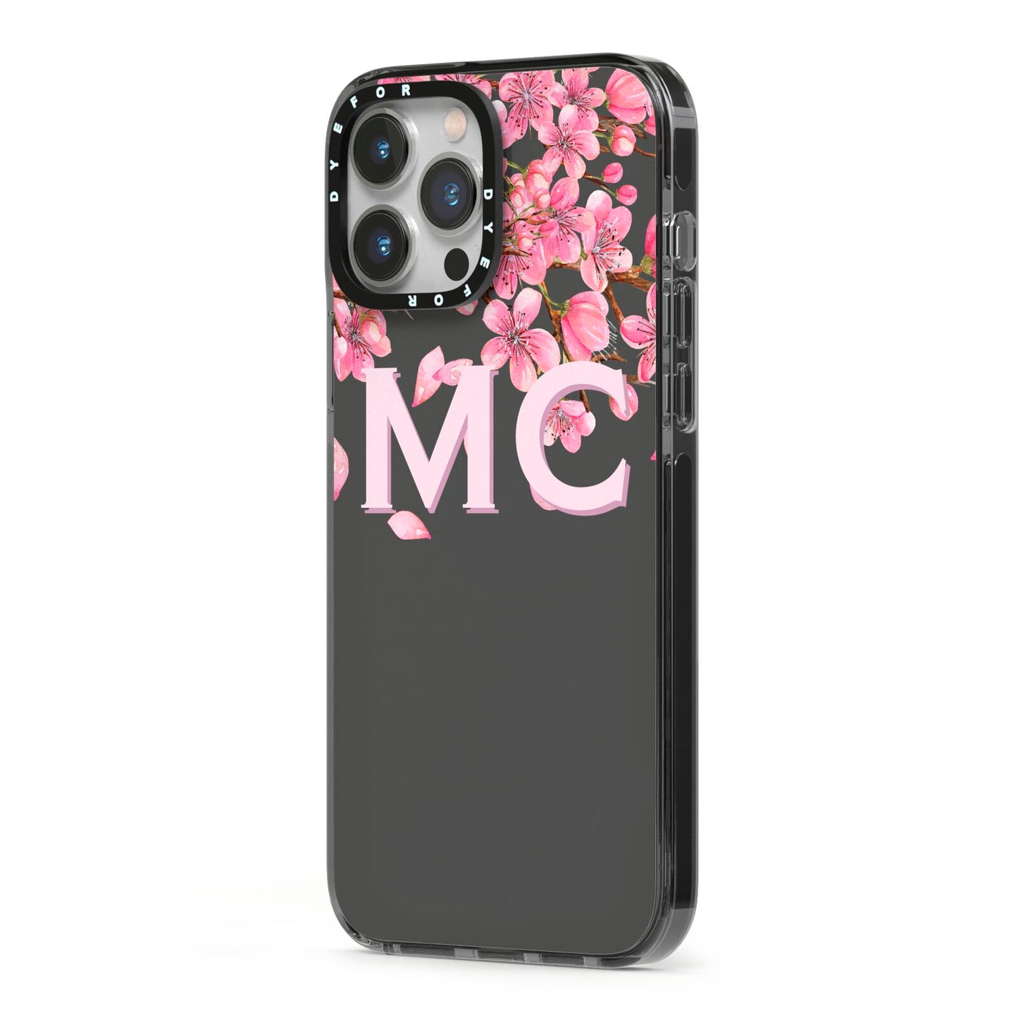 Personalised Floral Blossom Black Pink iPhone 13 Pro Max Black Impact Case Side Angle on Silver phone