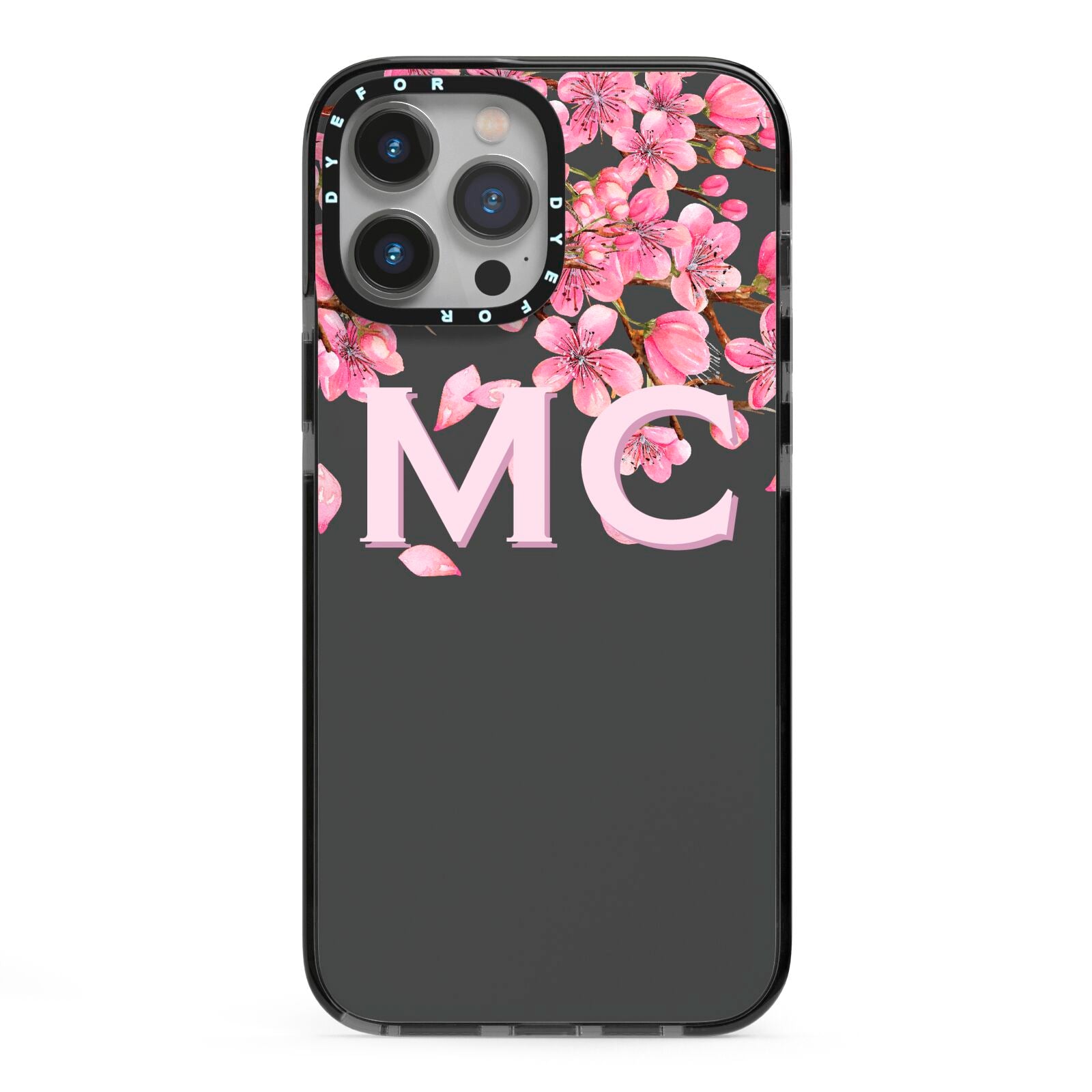 Personalised Floral Blossom Black Pink iPhone 13 Pro Max Black Impact Case on Silver phone