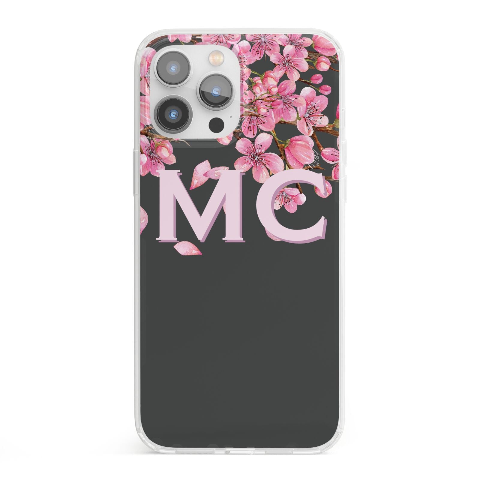 Personalised Floral Blossom Black Pink iPhone 13 Pro Max Clear Bumper Case
