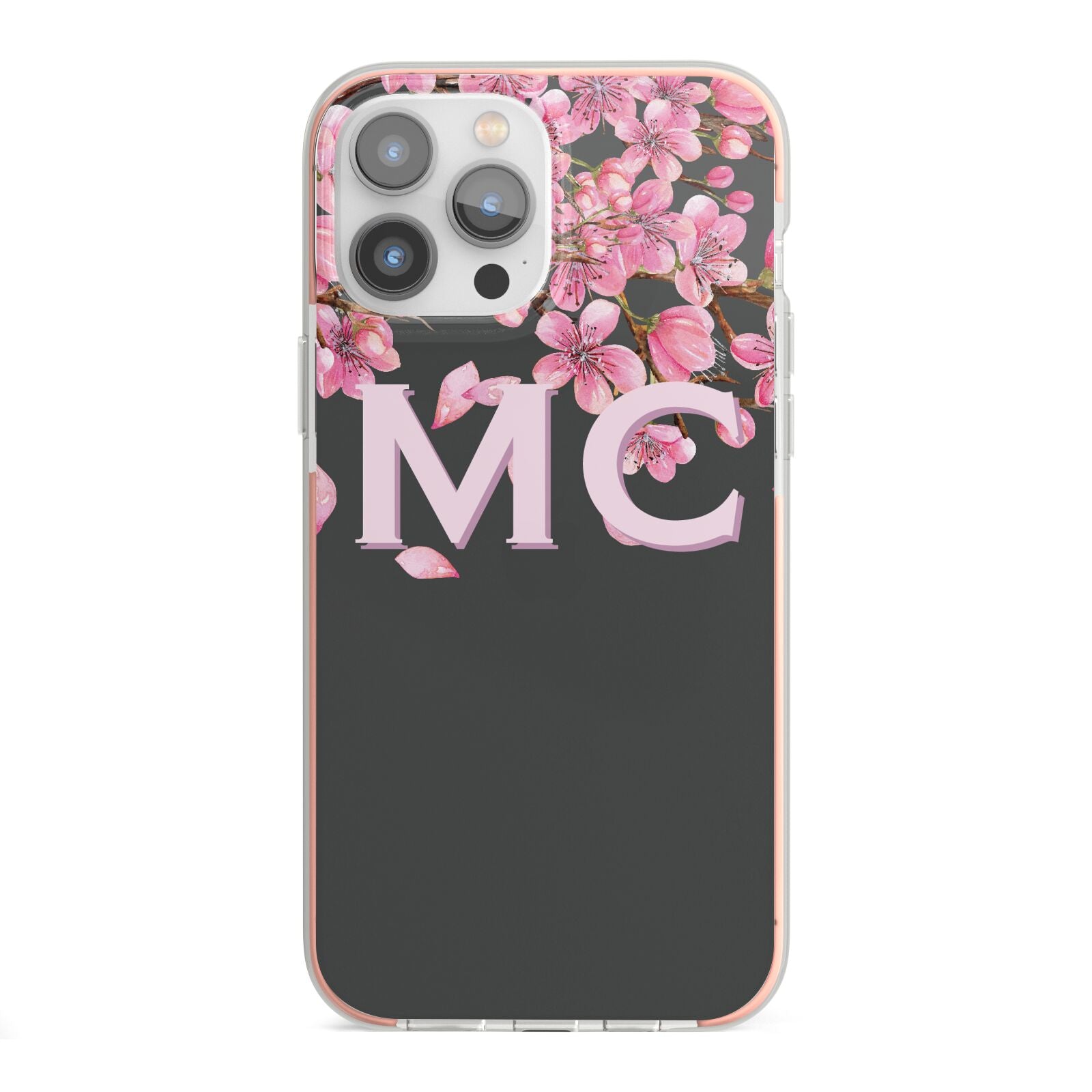Personalised Floral Blossom Black Pink iPhone 13 Pro Max TPU Impact Case with Pink Edges