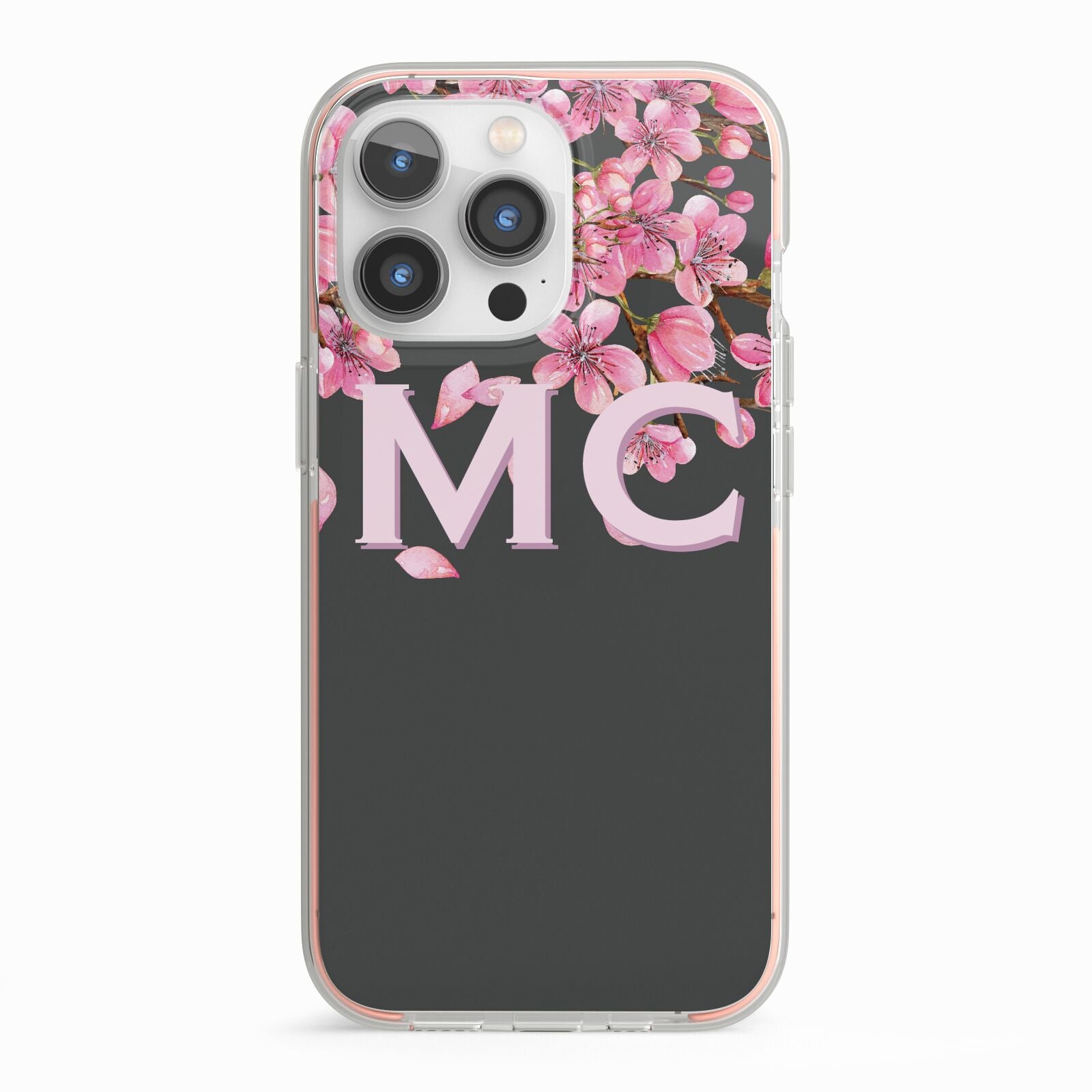 Personalised Floral Blossom Black Pink iPhone 13 Pro TPU Impact Case with Pink Edges