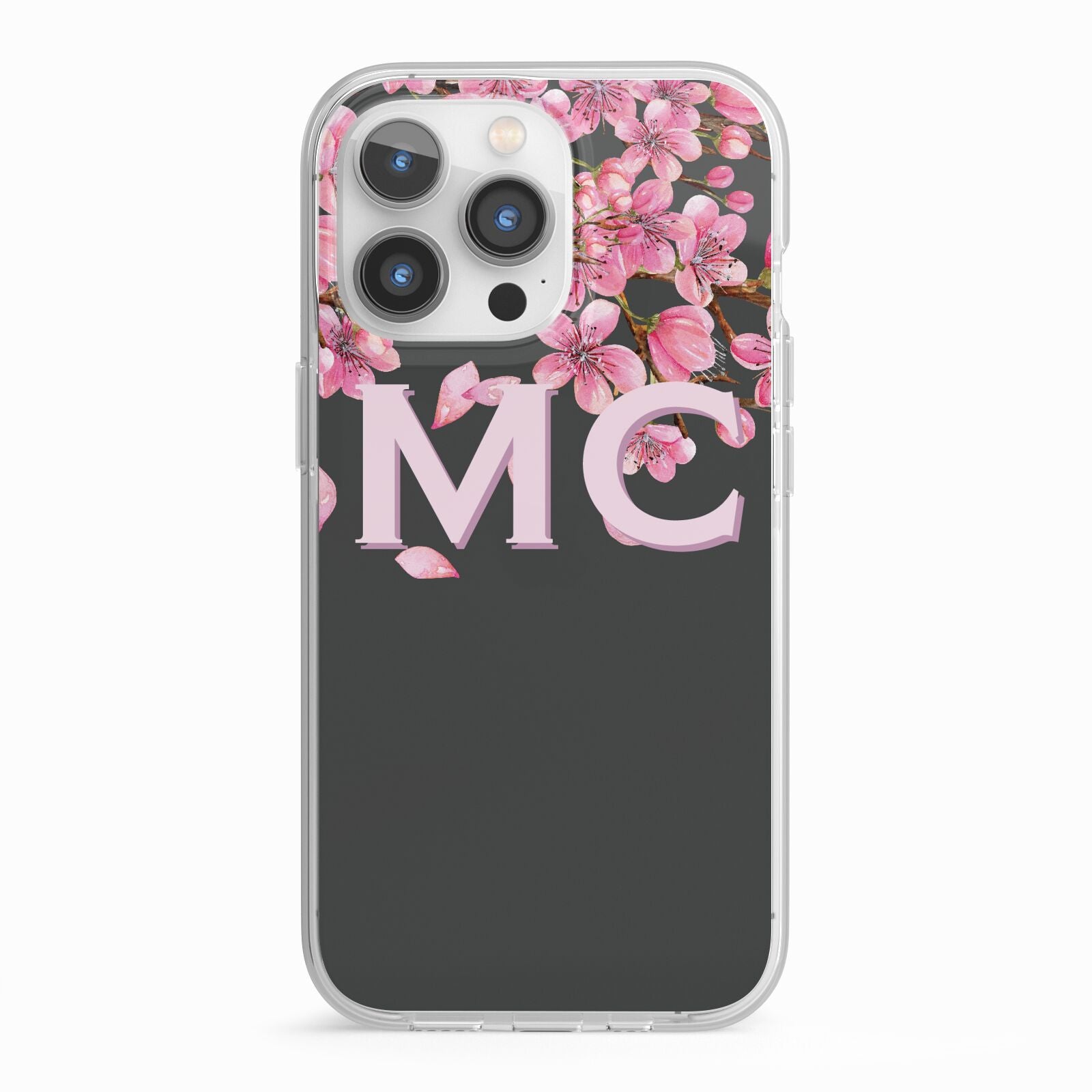 Personalised Floral Blossom Black Pink iPhone 13 Pro TPU Impact Case with White Edges