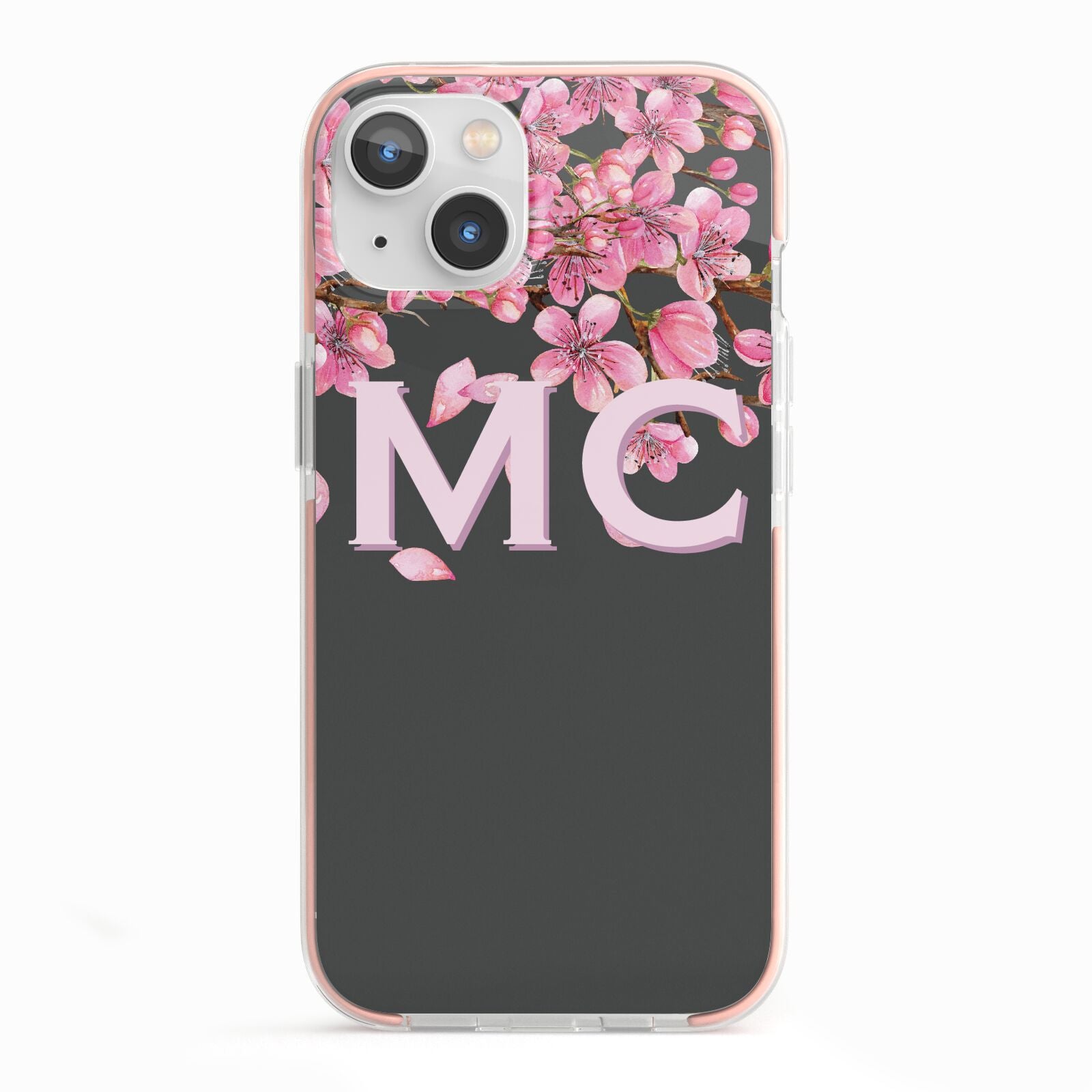 Personalised Floral Blossom Black Pink iPhone 13 TPU Impact Case with Pink Edges