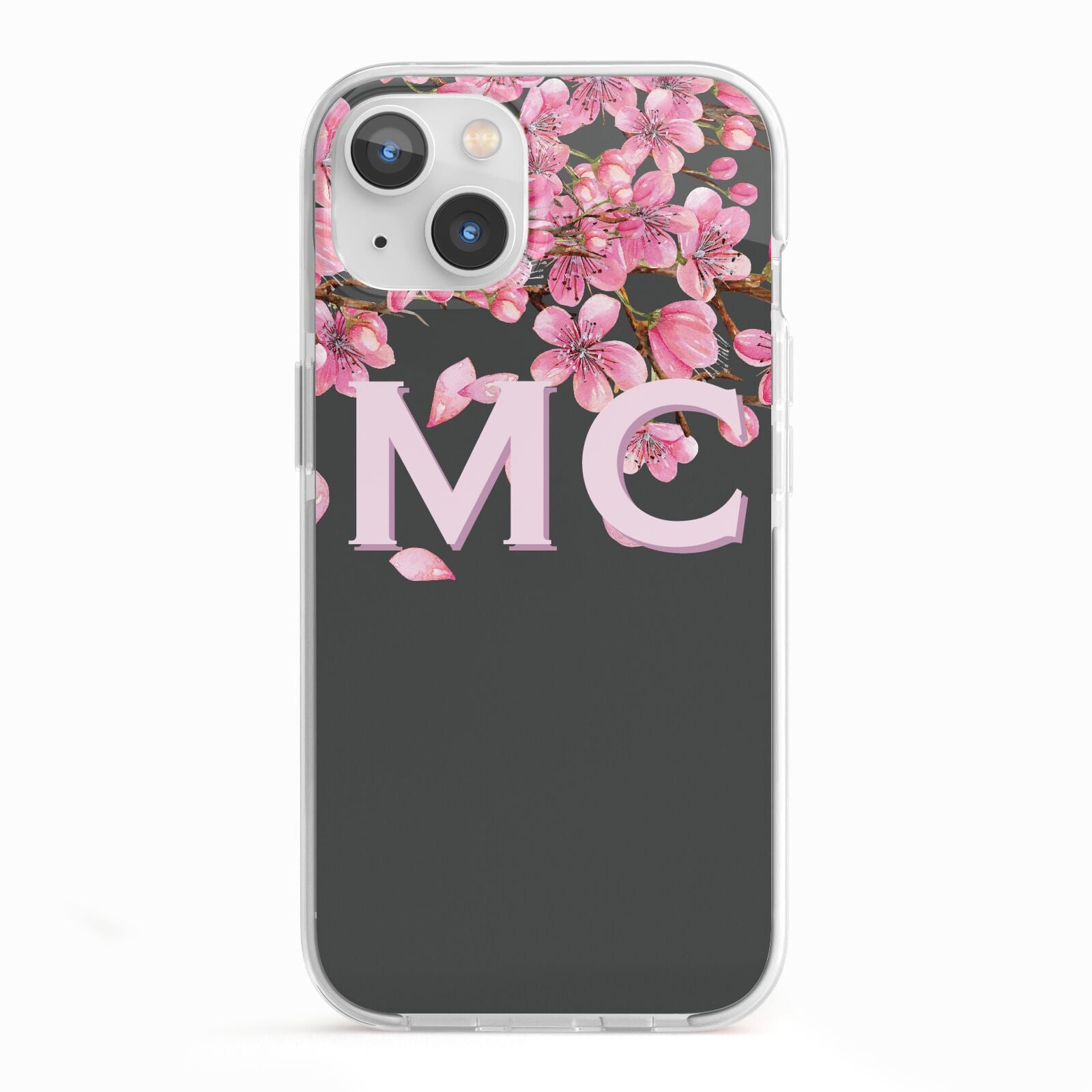 Personalised Floral Blossom Black Pink iPhone 13 TPU Impact Case with White Edges