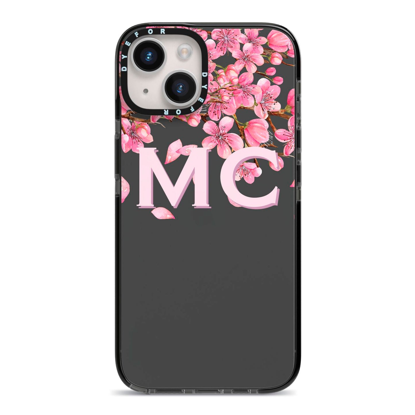 Personalised Floral Blossom Black Pink iPhone 14 Black Impact Case on Silver phone