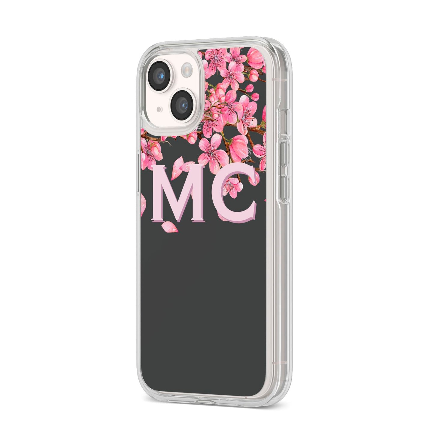 Personalised Floral Blossom Black Pink iPhone 14 Clear Tough Case Starlight Angled Image