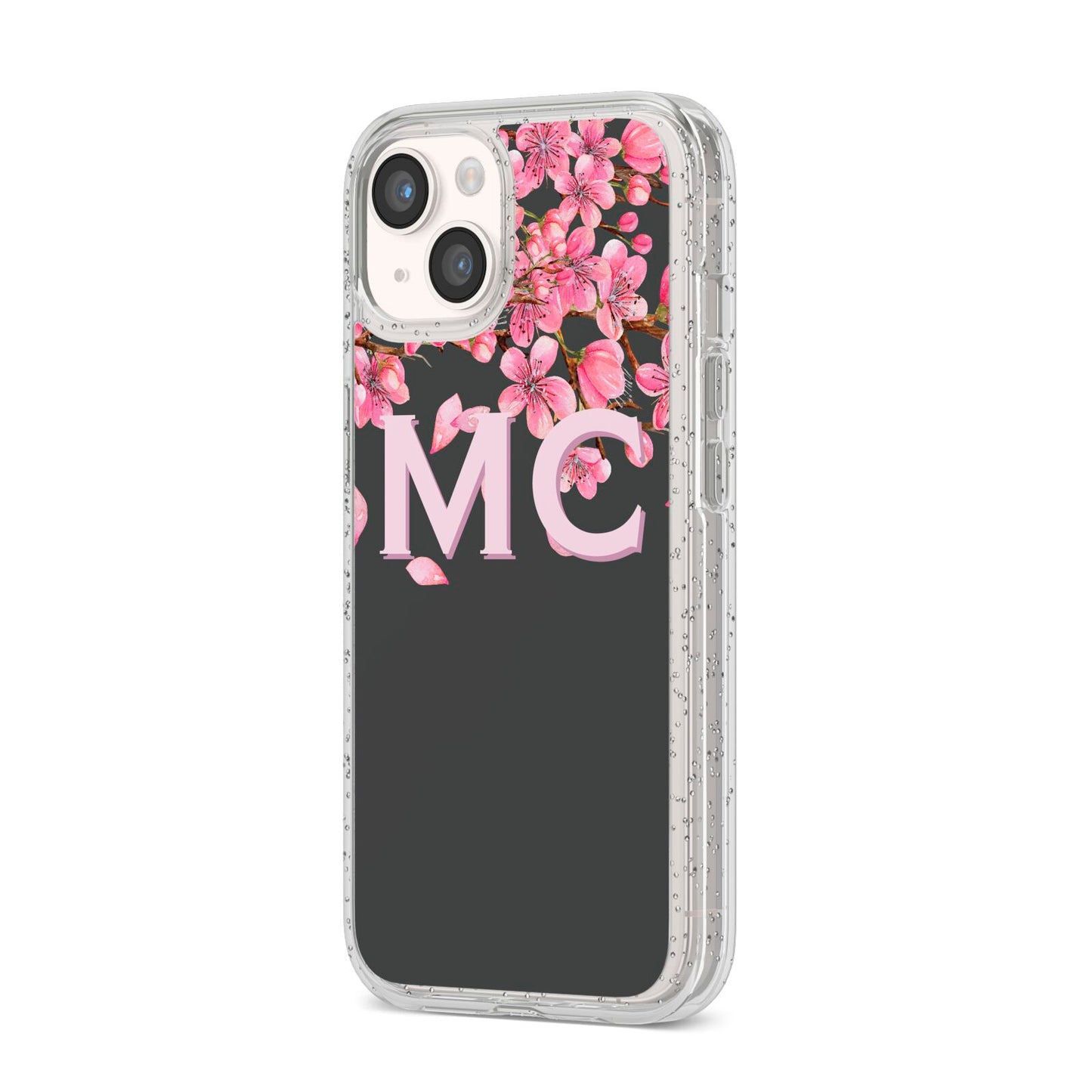 Personalised Floral Blossom Black Pink iPhone 14 Glitter Tough Case Starlight Angled Image